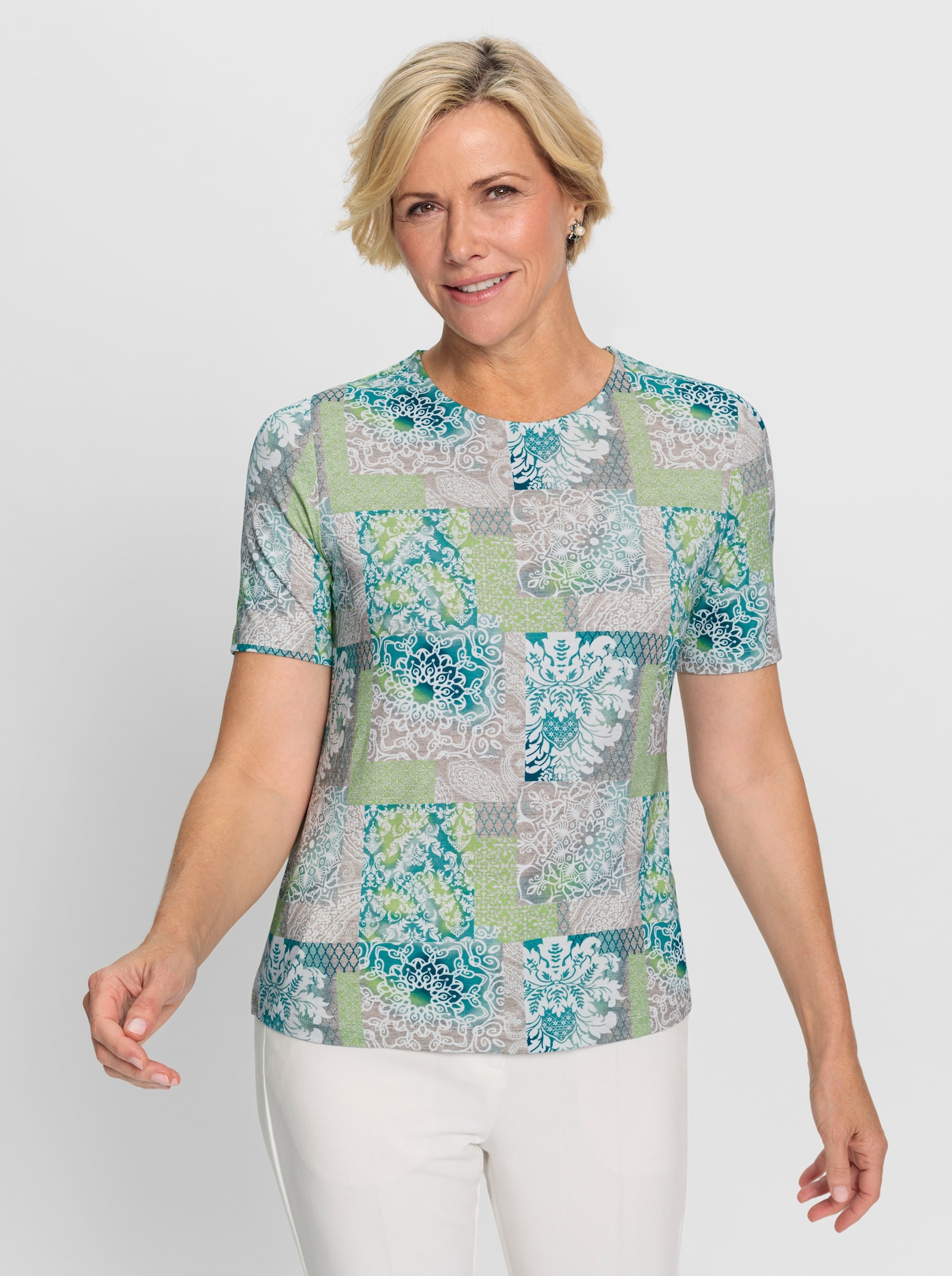 Tričko s krátkým rukávem se snadno kombinovatelným vzorem - limetkovo-mátová-světlešedá-potisk