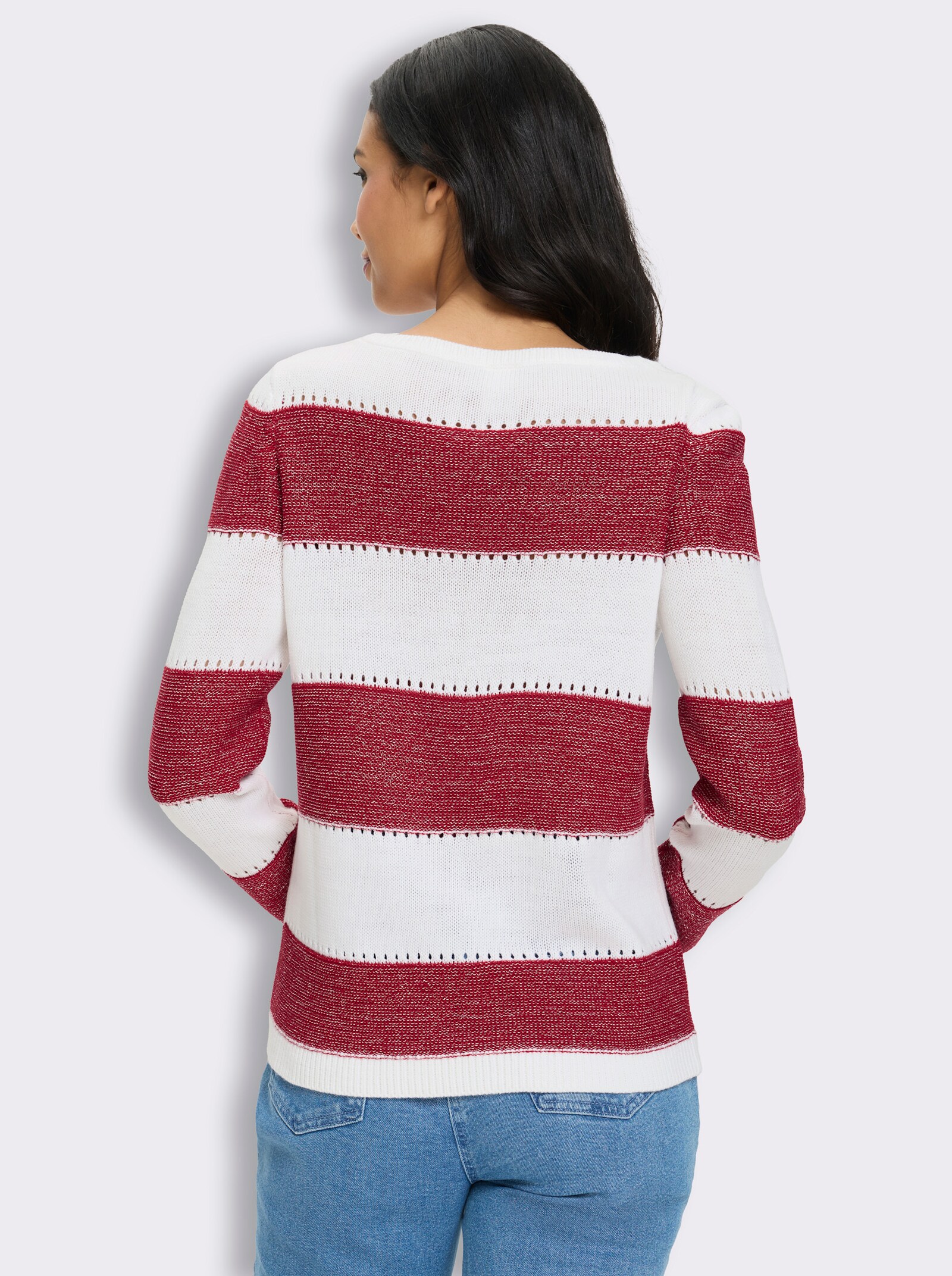 Langarm-Pullover mit Glanzgarn, Streifen-Muster - rot-ecru-gemustert