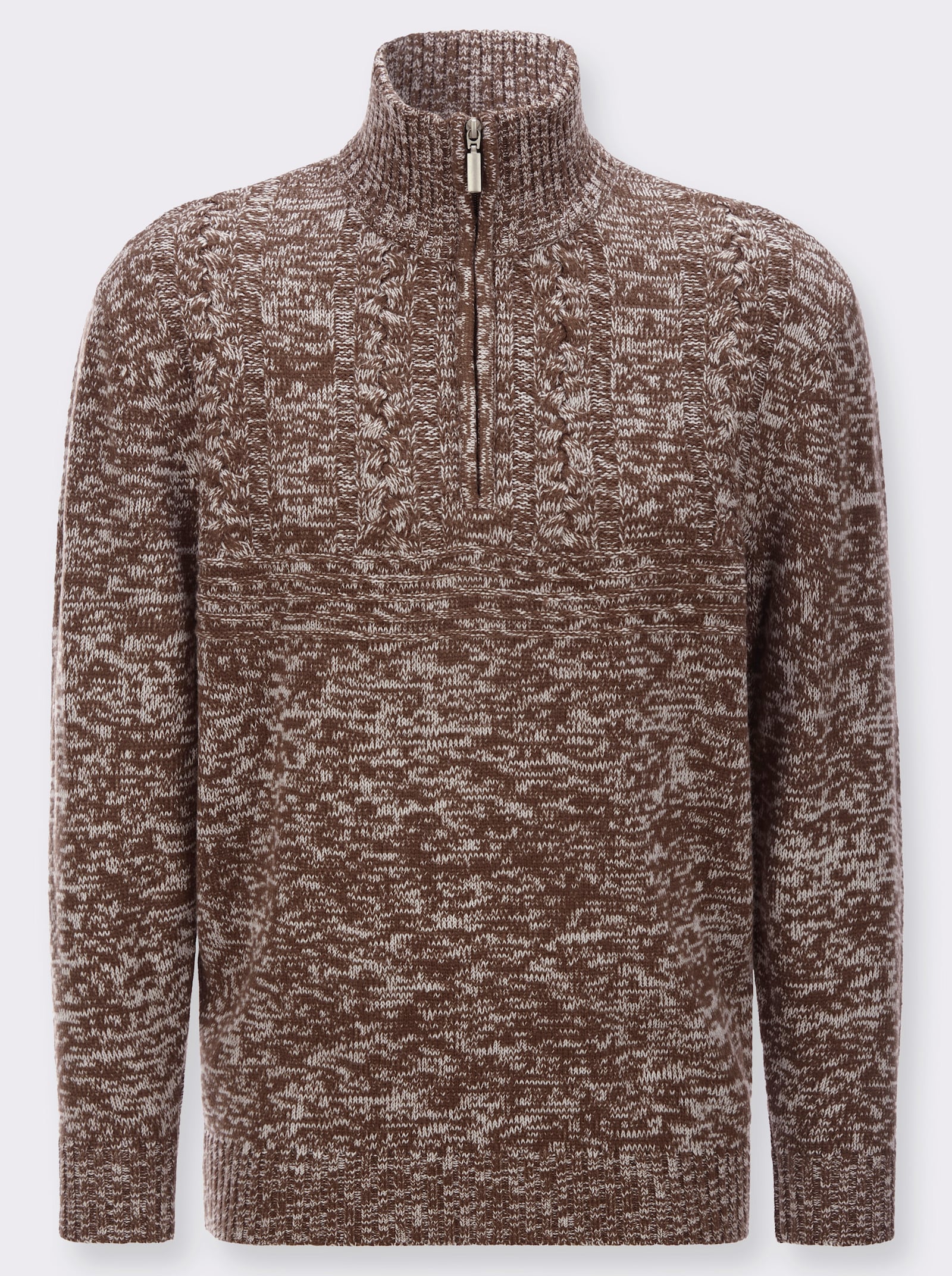 Langarm-Pullover mit platziertem Zopfmuster - schoko-meliert