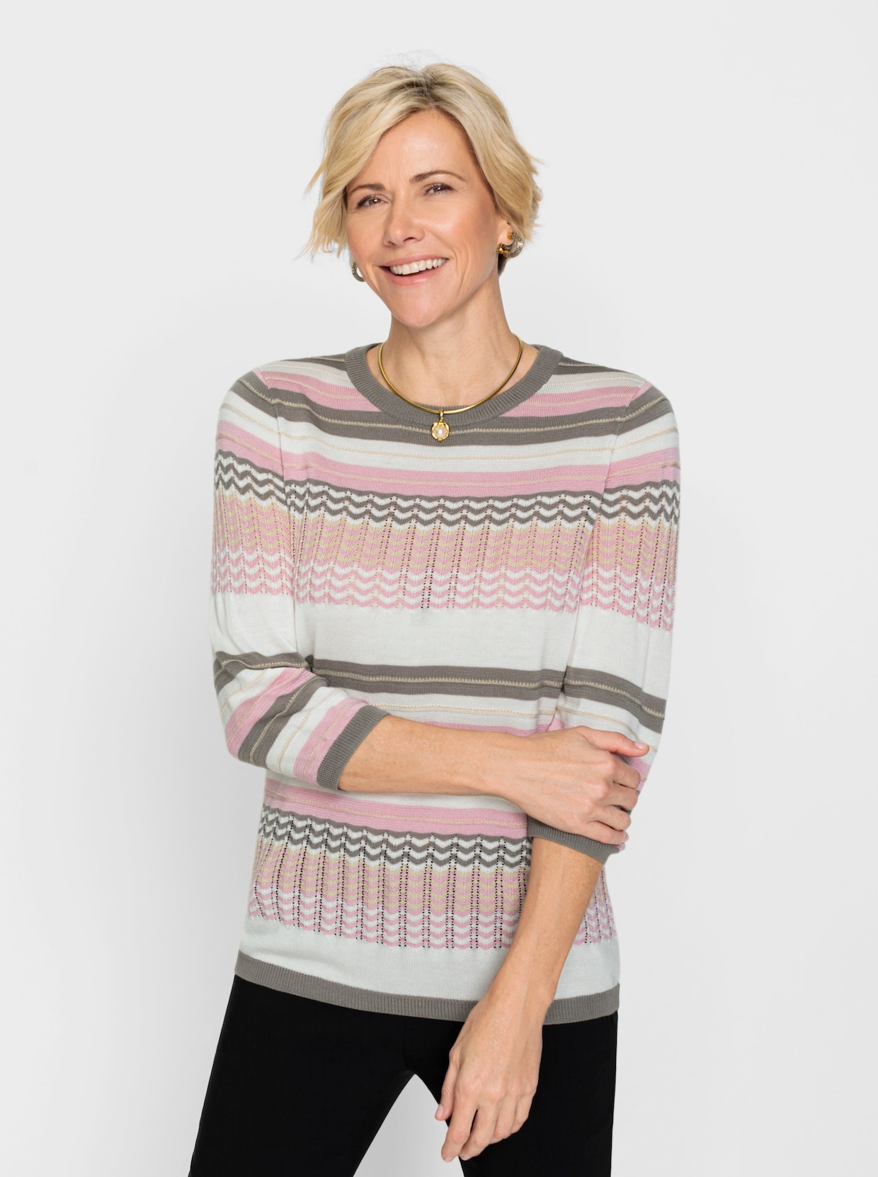 Pullover met ronde hals - roze/ecru gedessineerd