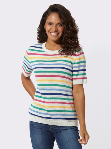 Kurzarmpullover mit Strick- und Ringel-Muster - gelb-royalblau-geringelt