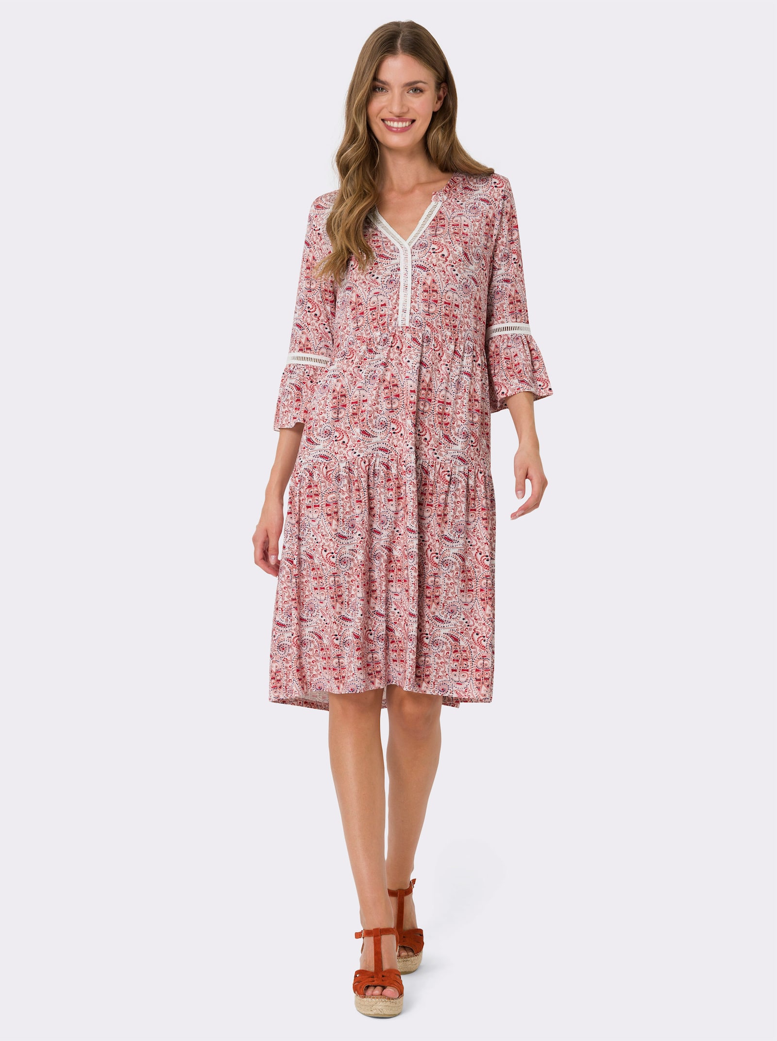 heine Sommerkleid mit Lochspitzen-Borte - hellrosé-flamingo-bedruckt
