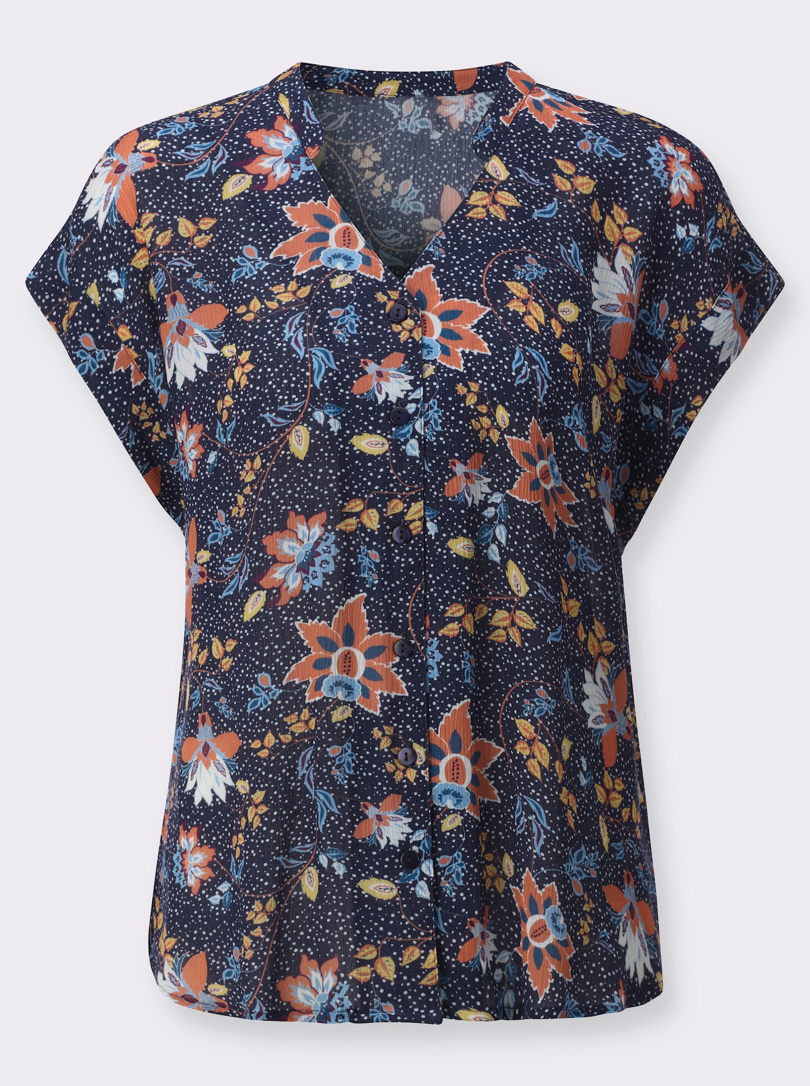 Kurzarmbluse in strukturierter Qualität - marine-gelb-bedruckt