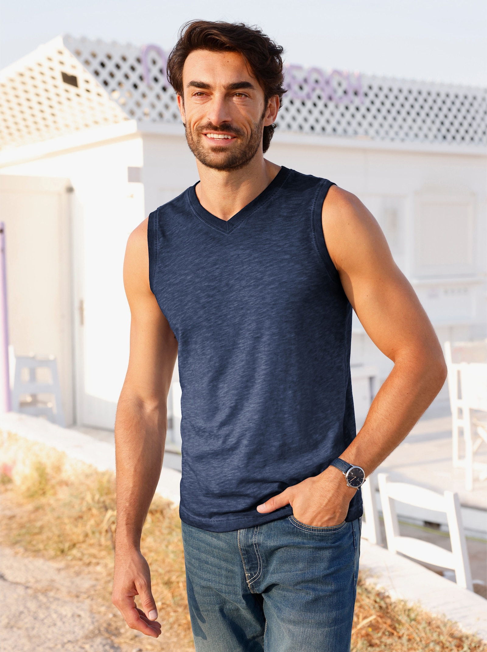 V-Shirt ärmellos, aus Baumwolle - marine