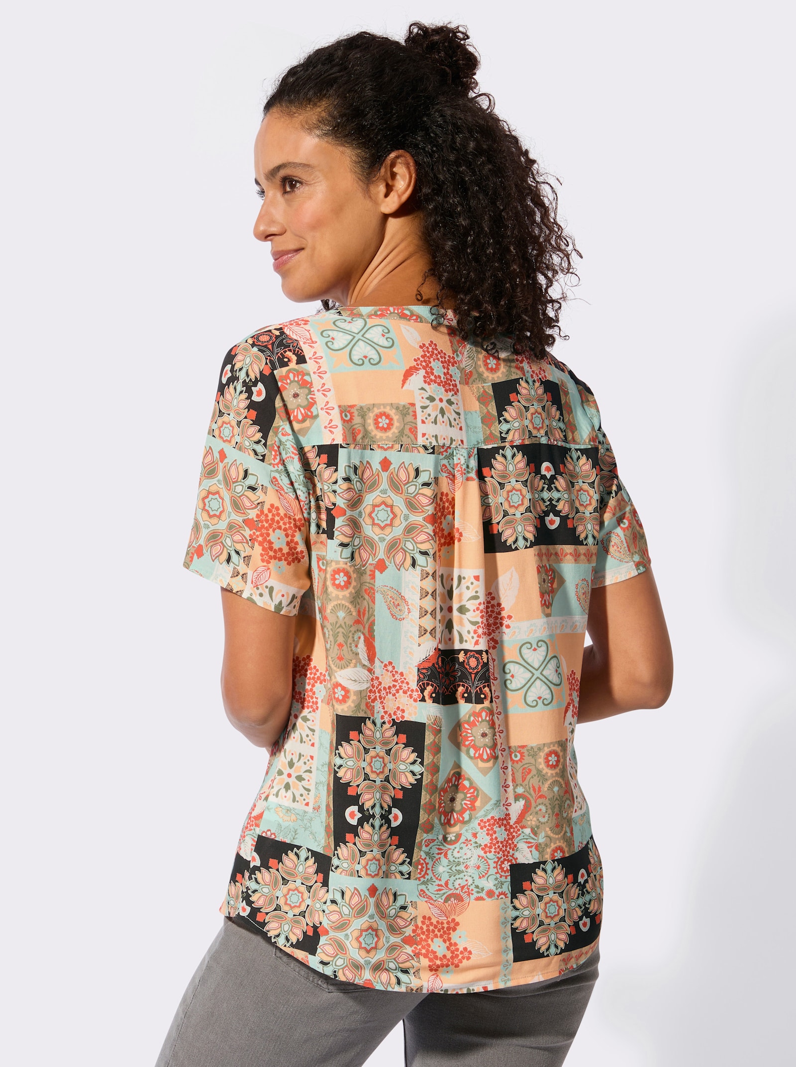 Kurzarm-Bluse in Patch-Optik - mint-apricot-bedruckt