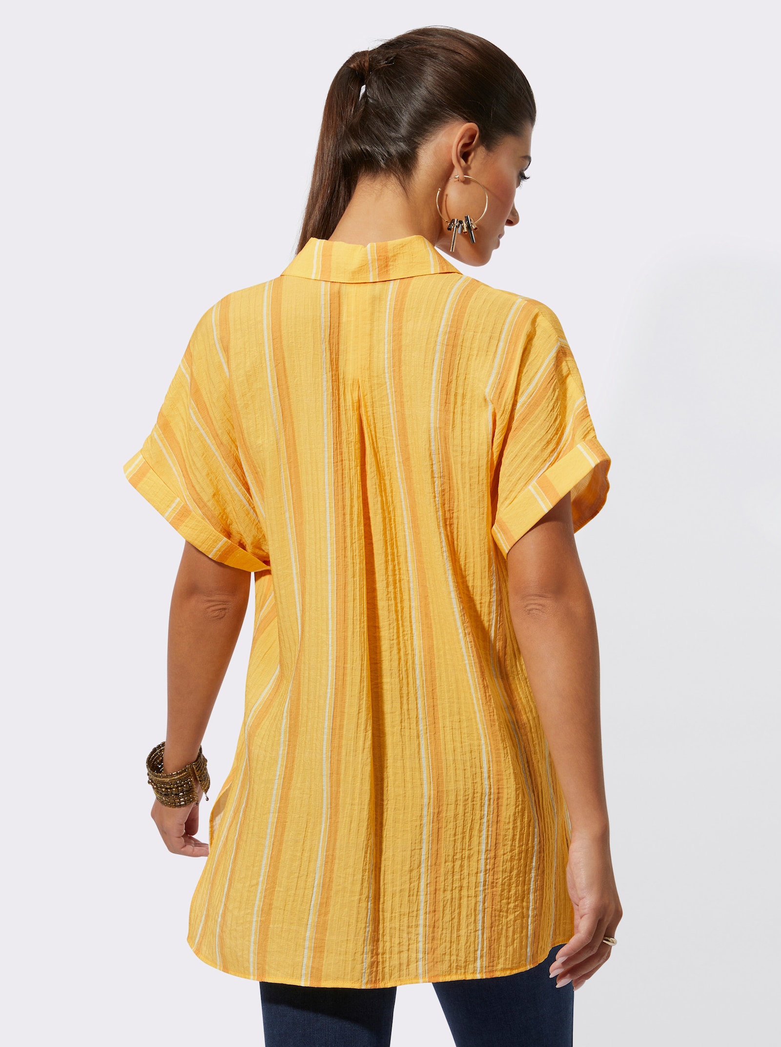 Lange blouse met stolpplooi op de rug - geel/oker gestreept