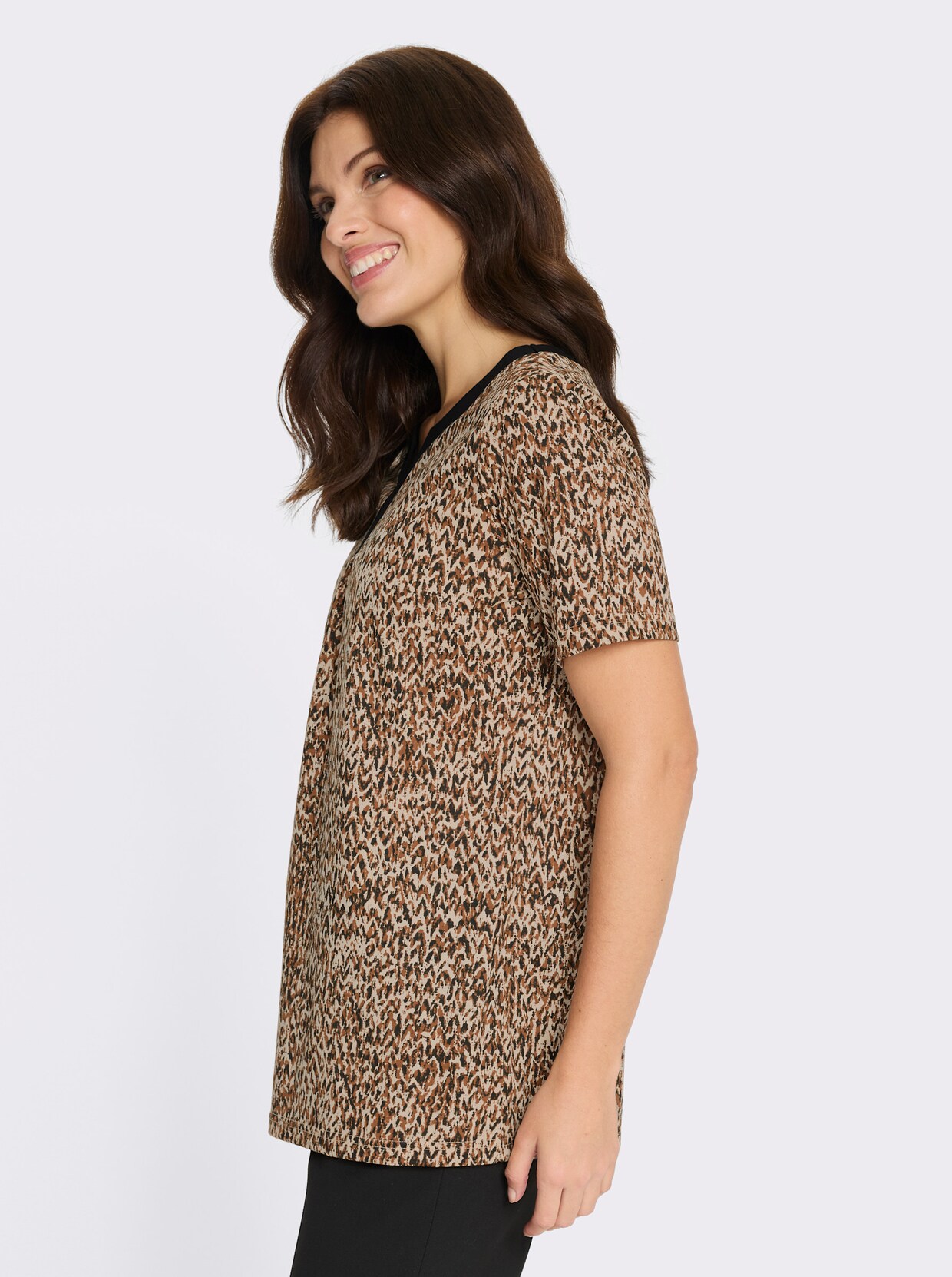 Longshirt in ausgestellter A-Linie - cognac-schwarz-bedruckt