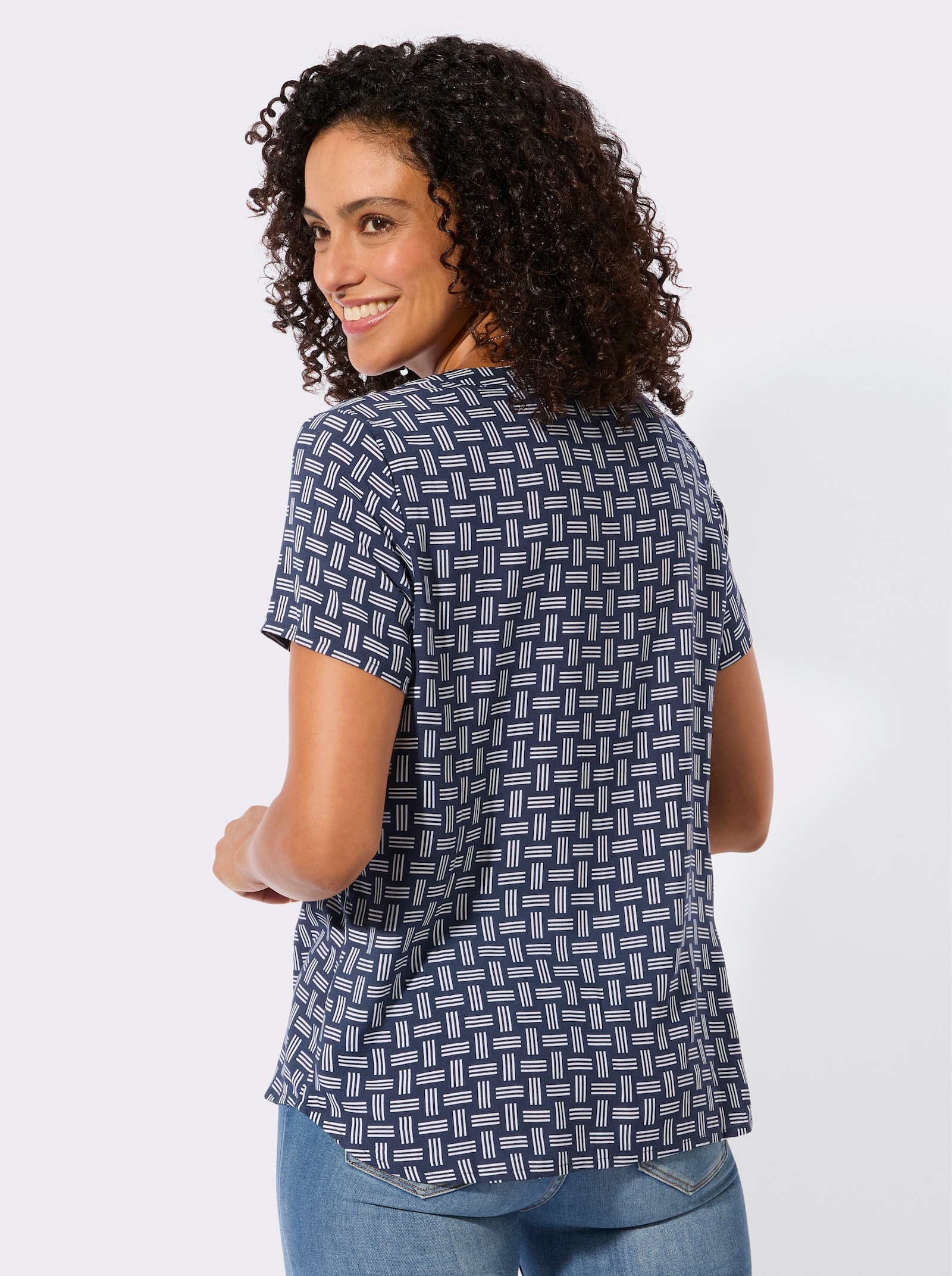 Druckbluse mit abgerundetem Saum - marine-ecru-bedruckt