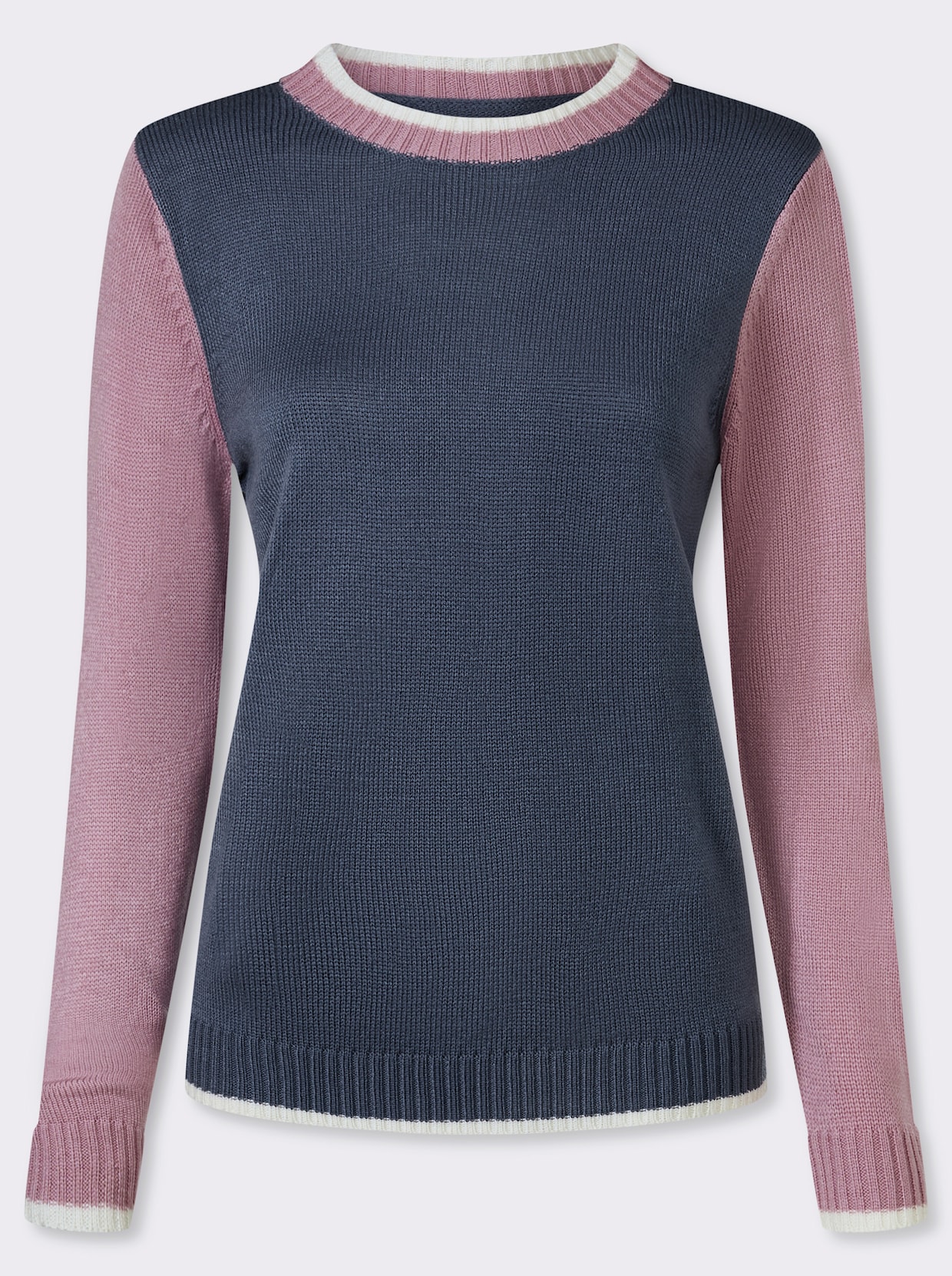 Stickad tröja med kontrastfärgade i ärmar - rökblå orkidé