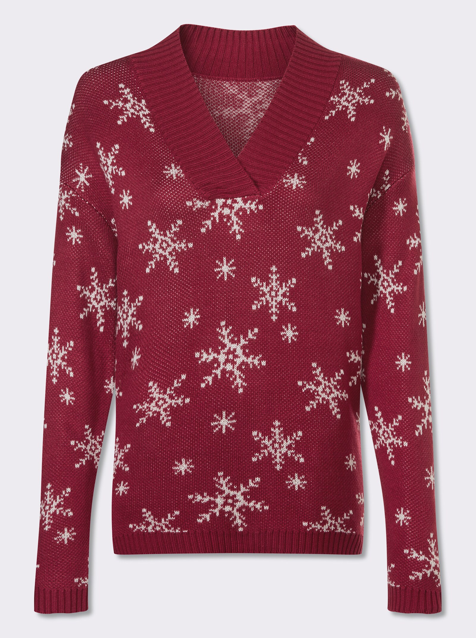 Langarm-Pullover mit Schneeflocken-Jacquardmuster - kirsche-ecru