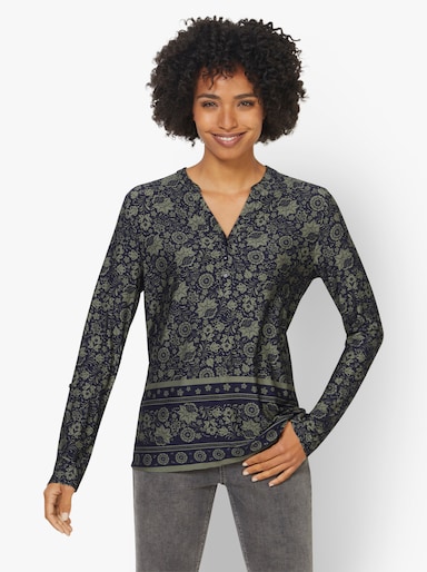 heine Print-Shirt mit Knopfleiste - khaki-marine-bedruckt