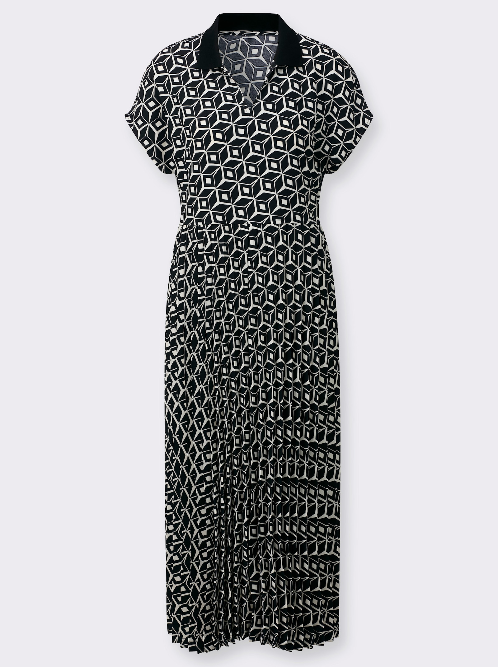 Druckkleid mit Plisseefalten - schwarz-champagner-bedruckt