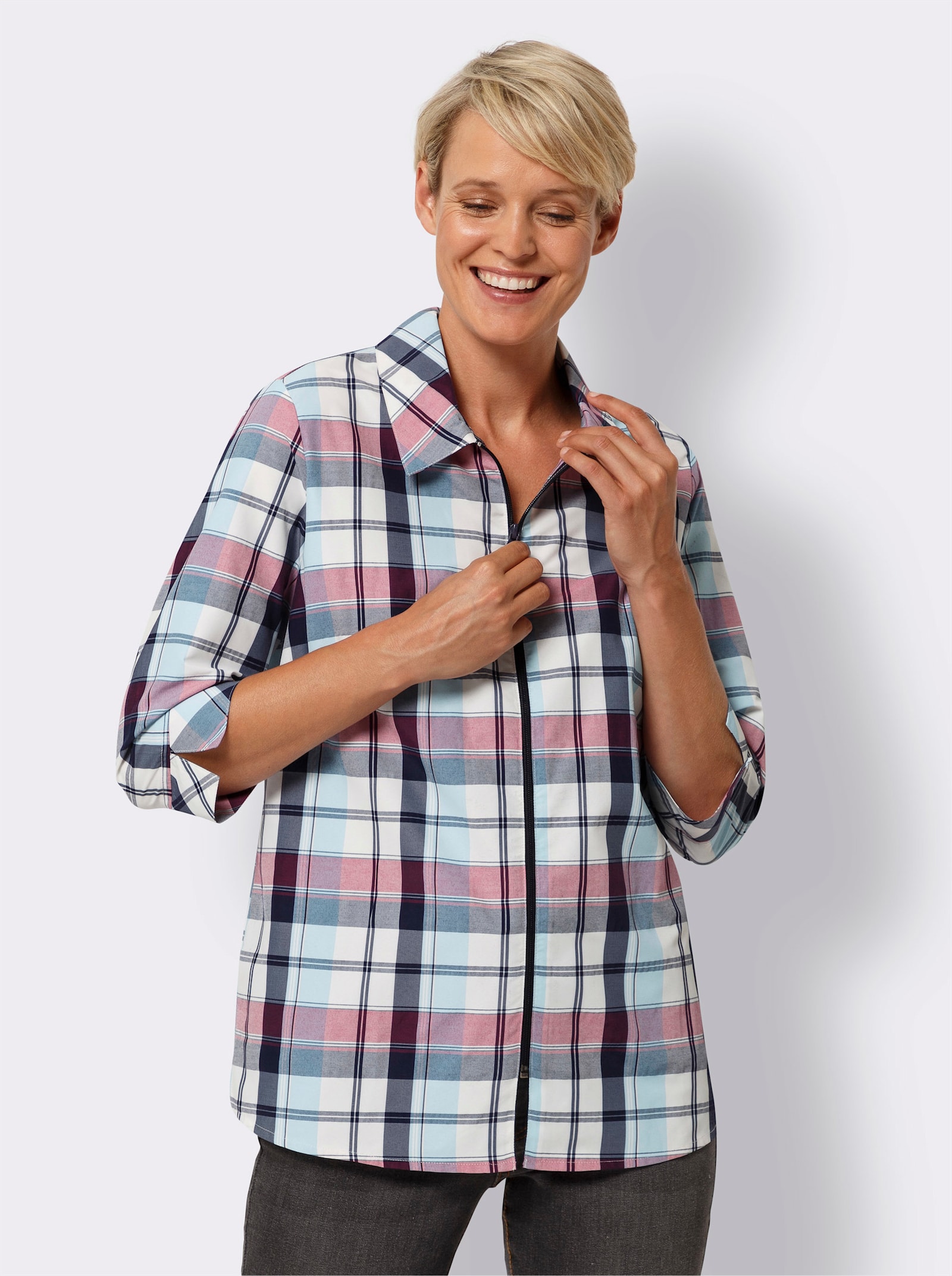 Karobluse mit Reißverschluss - fuchsia-marine-kariert