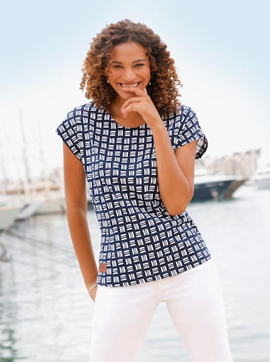 Print-Shirt aus reiner Baumwolle - marine-ecru-bedruckt