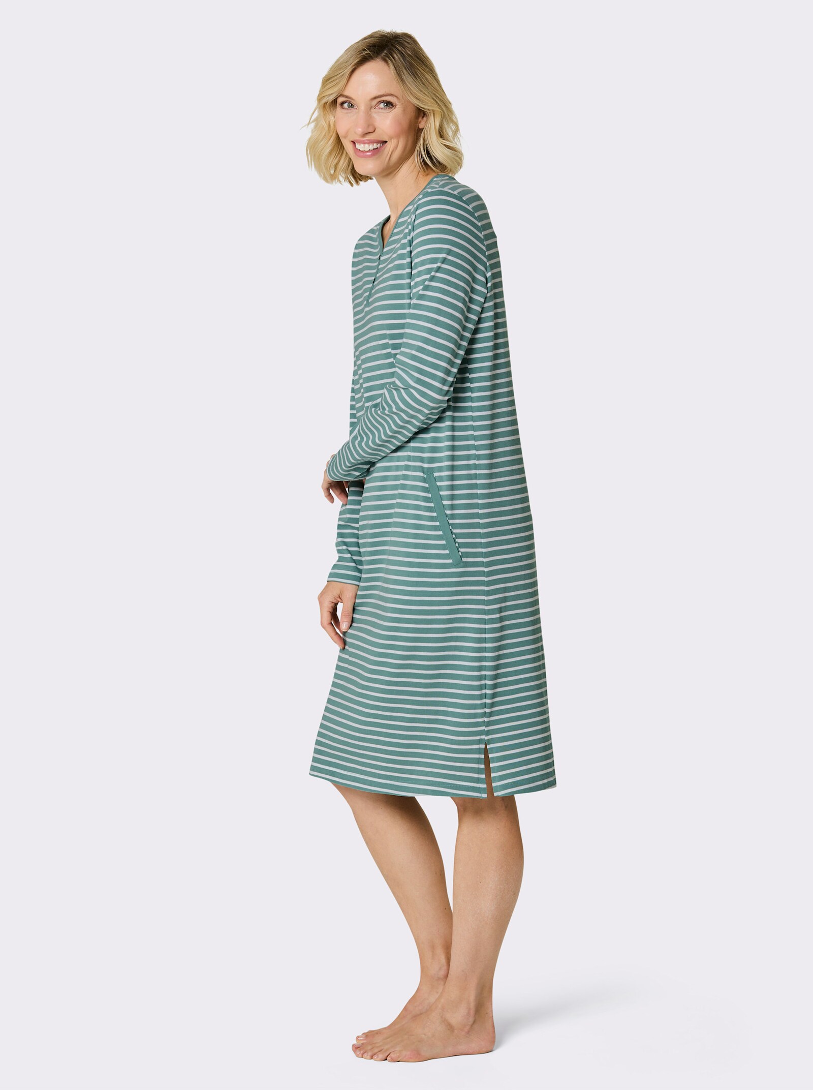wäschepur Sleepshirt mit 2 Taschen - salbei-weiß-geringelt