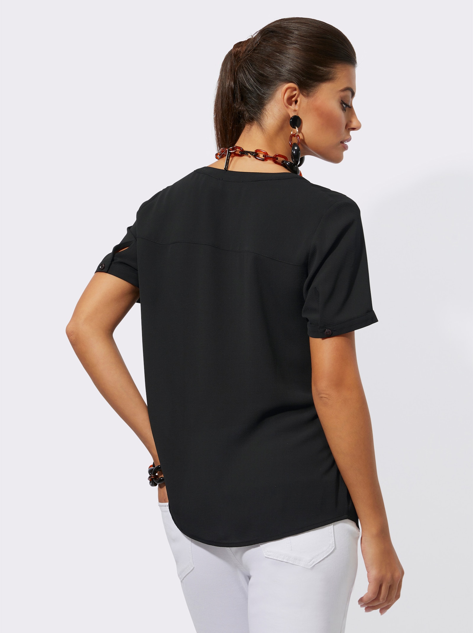 Kurzarm-Bluse mit Kontrastpaspeln - schwarz