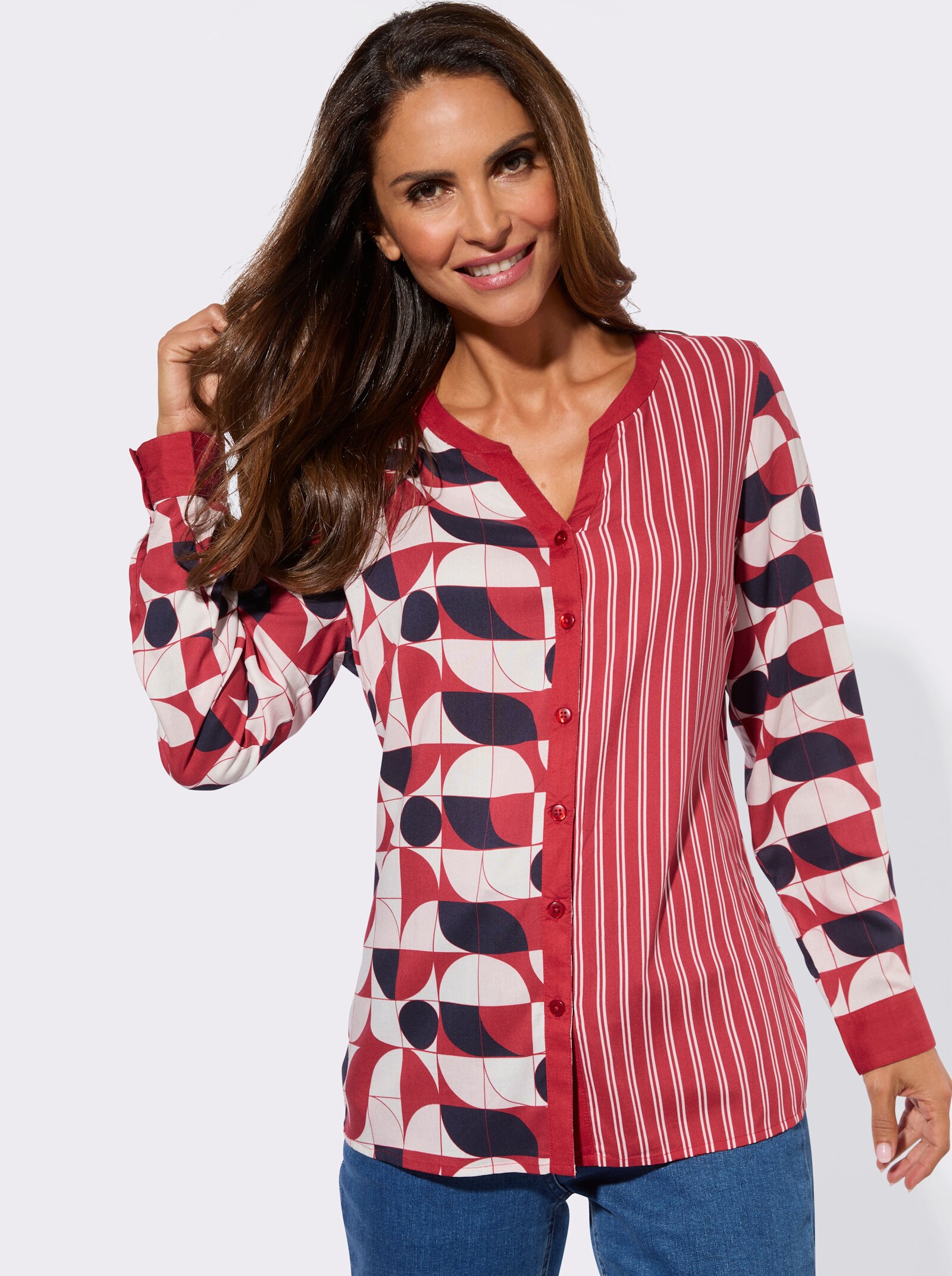 Druckbluse mit Kellerfalte hinten - rot-marine-bedruckt