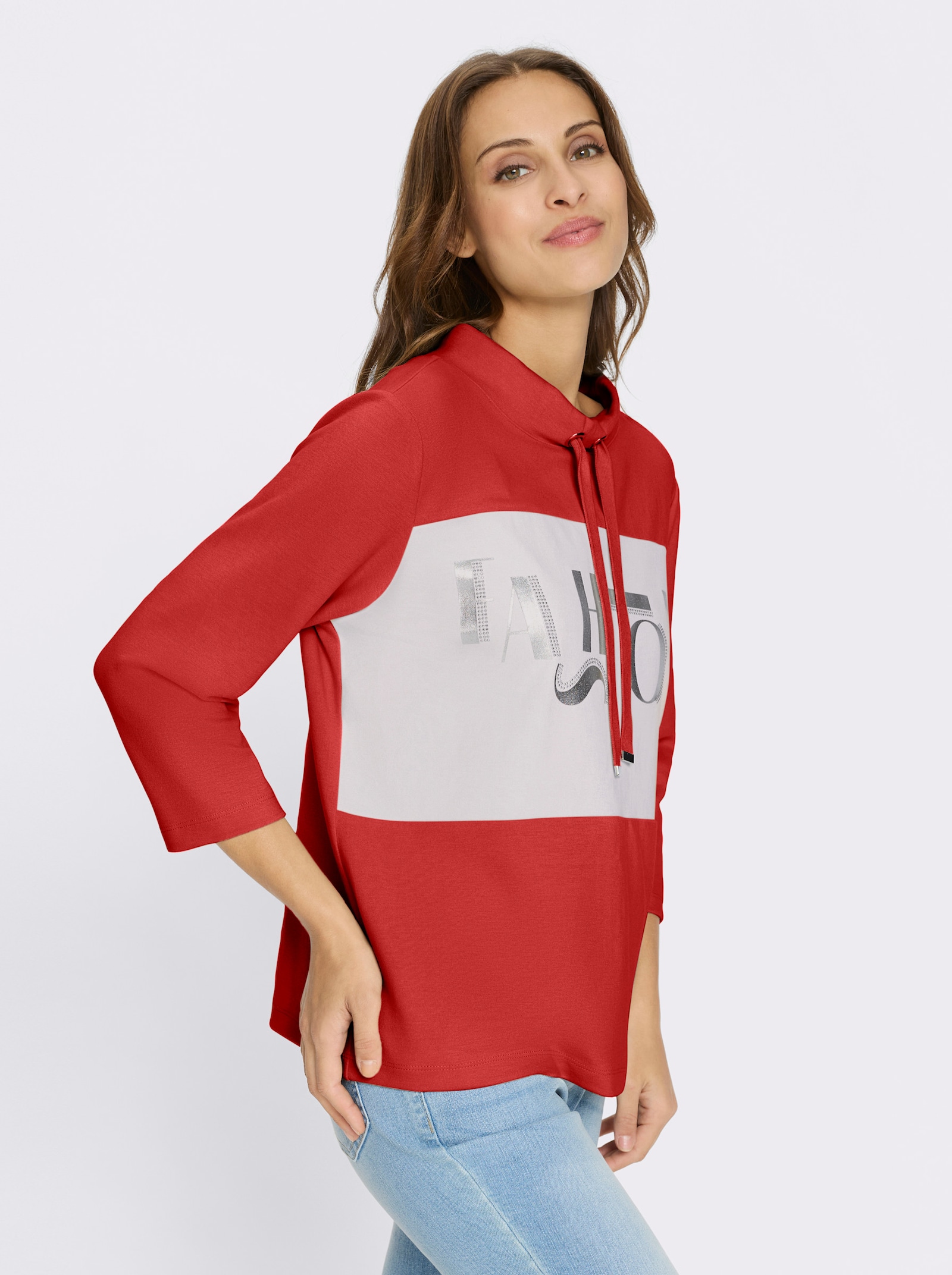 Sweatshirt mit Folienprint-Schriftzug - rot-weiß-geringelt