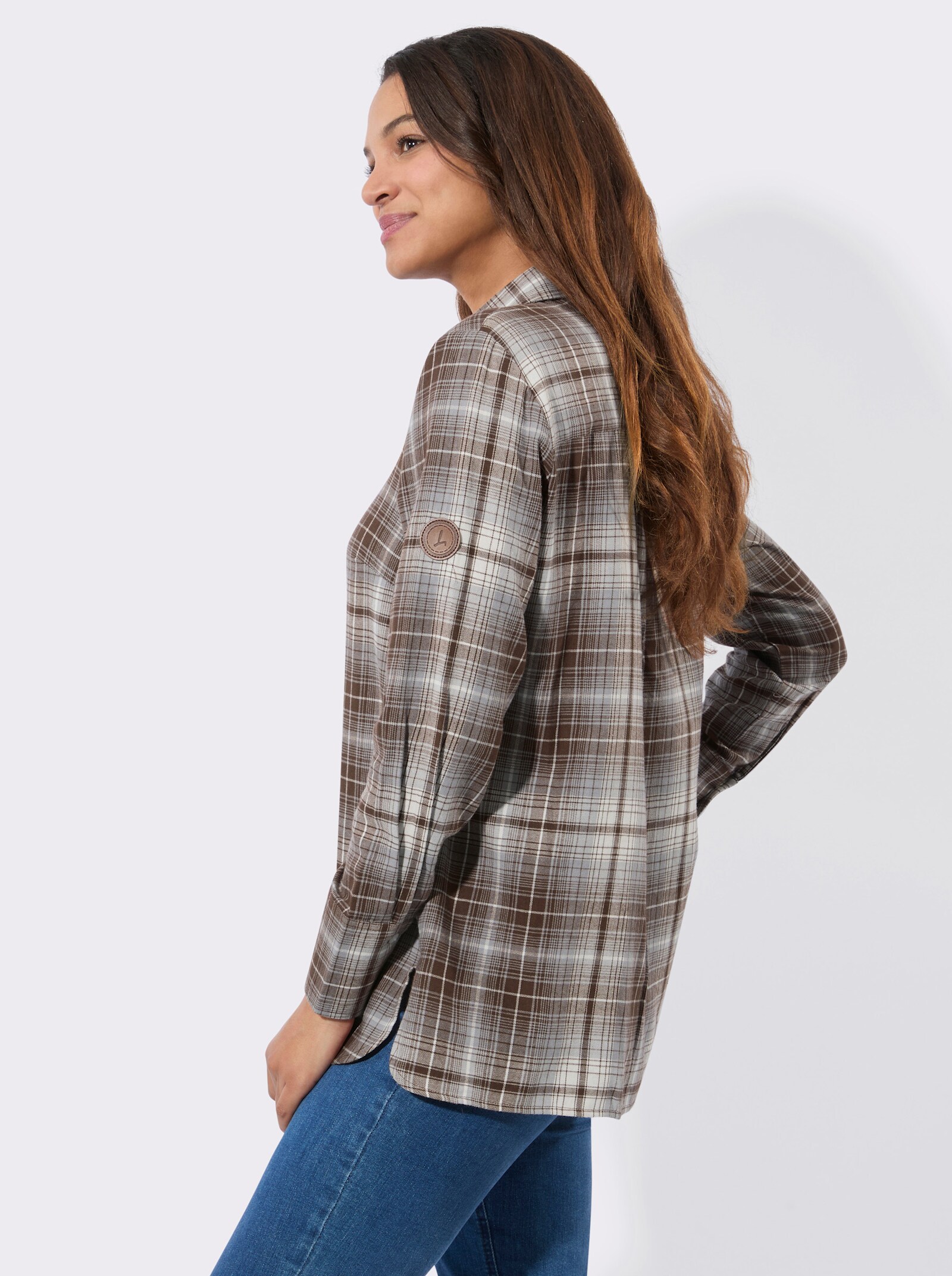 Flanellbluse mit Seitenschlitzen - braun-steingrau-kariert