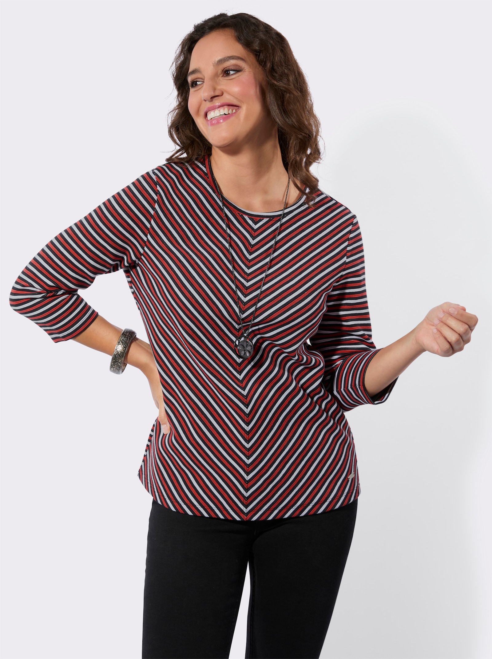 Shirt met ronde hals en jacquard-streeppatroon - aardbei/wit gedessineerd