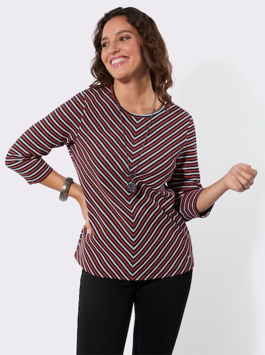 Rundhalsshirt mit Jacquard-Streifenmuster - erdbeere-weiß-gemustert