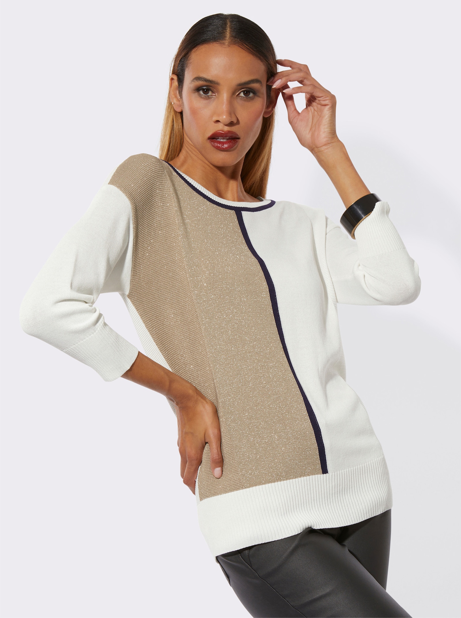 Rundhalspullover mit Glanzgarn - ecru-beige