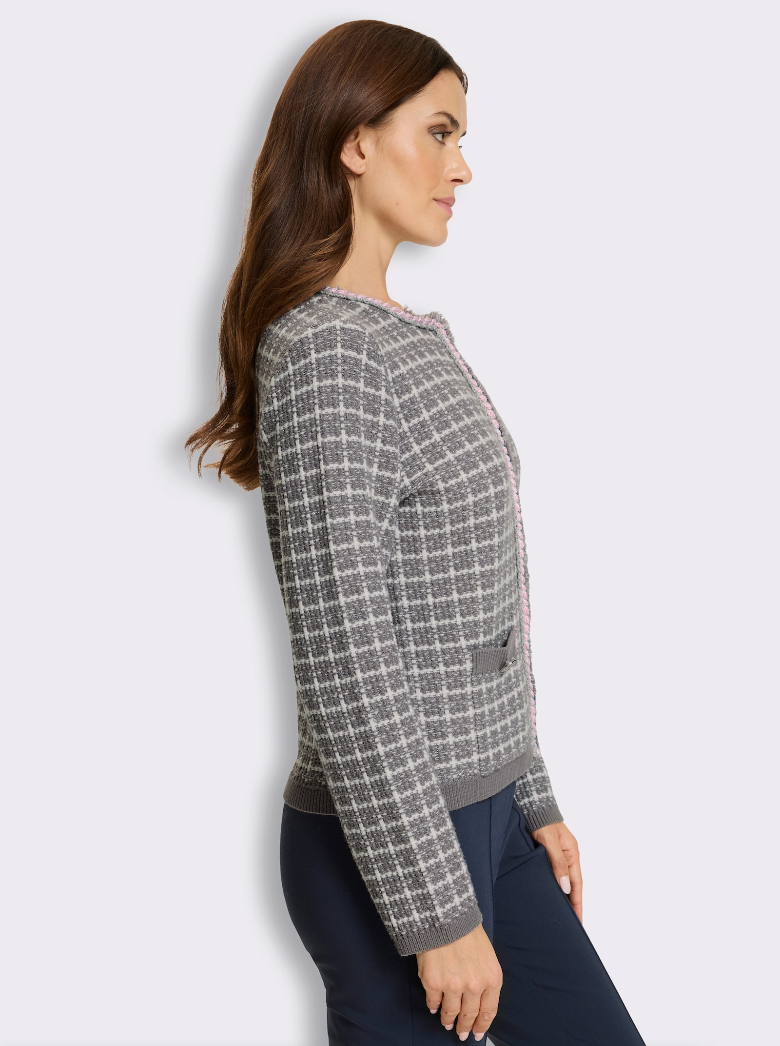 heine Strickjacke mit Rundhals-Ausschnitt - grau-ecru-gemustert