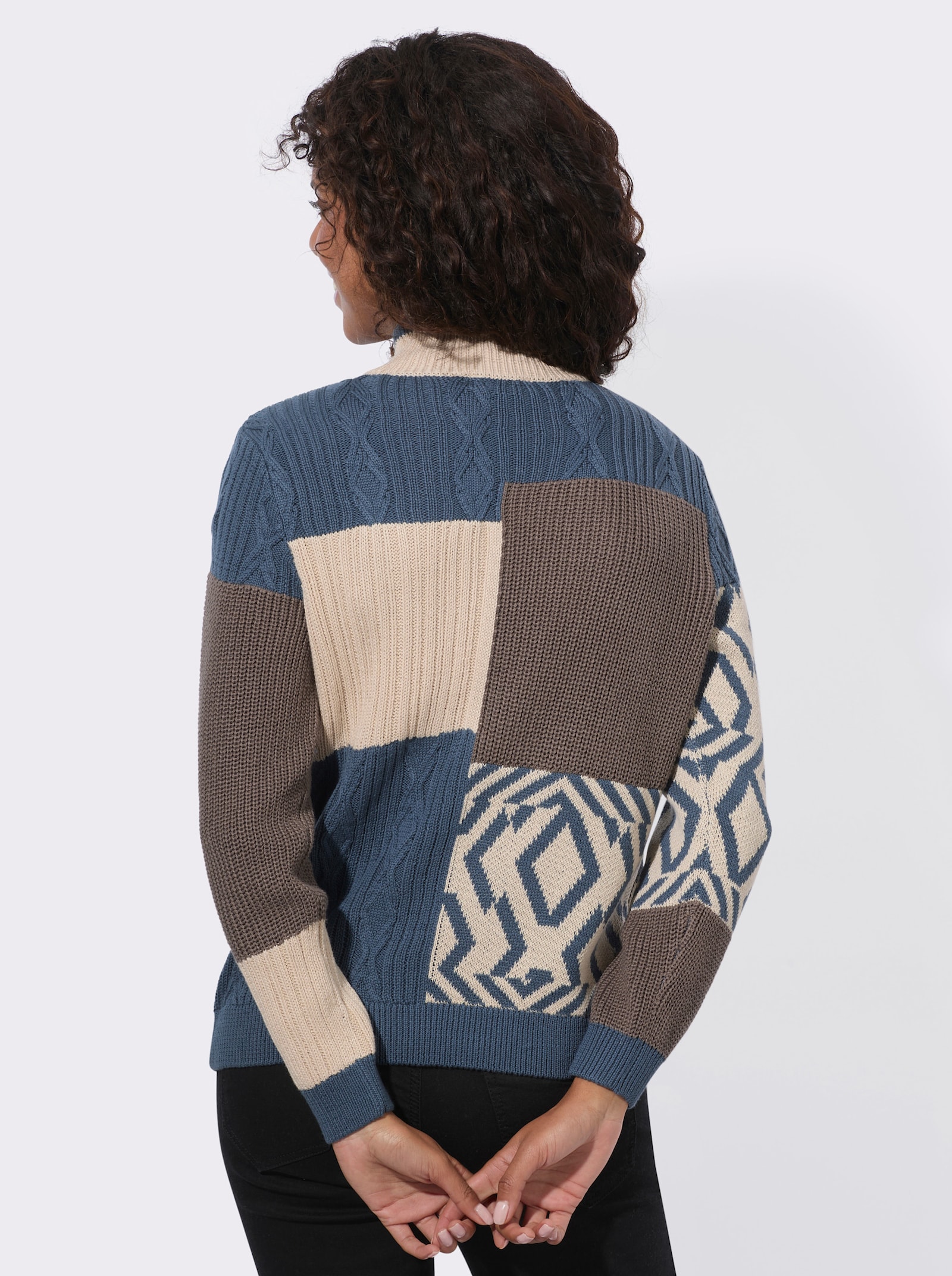  Stehkragenpullover in Patchwork-Optik - elfenbein-rauchblau-gemustert