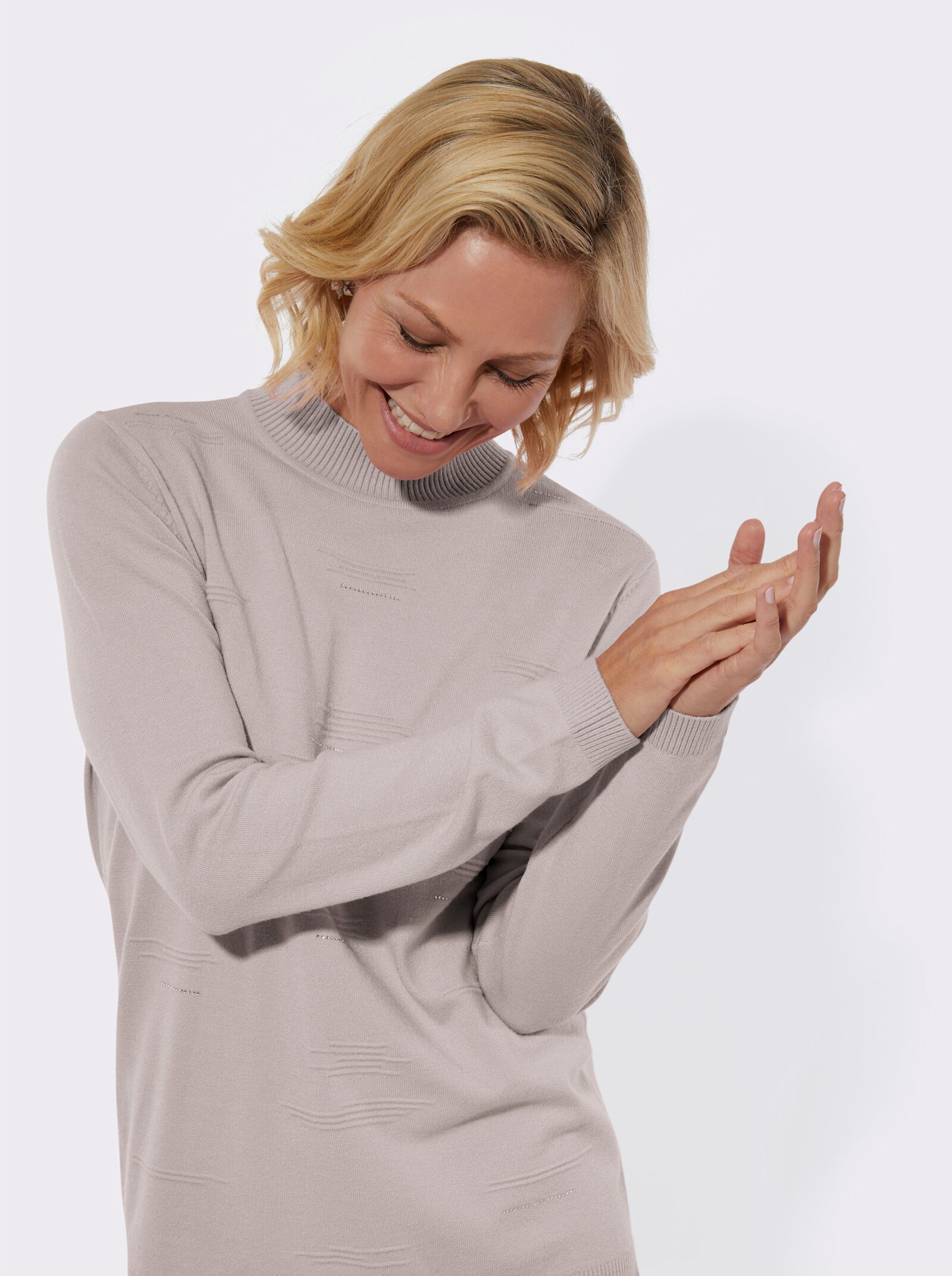Stehkragenpullover mit Rippmuster und Glitzersteinchen - hellgrau