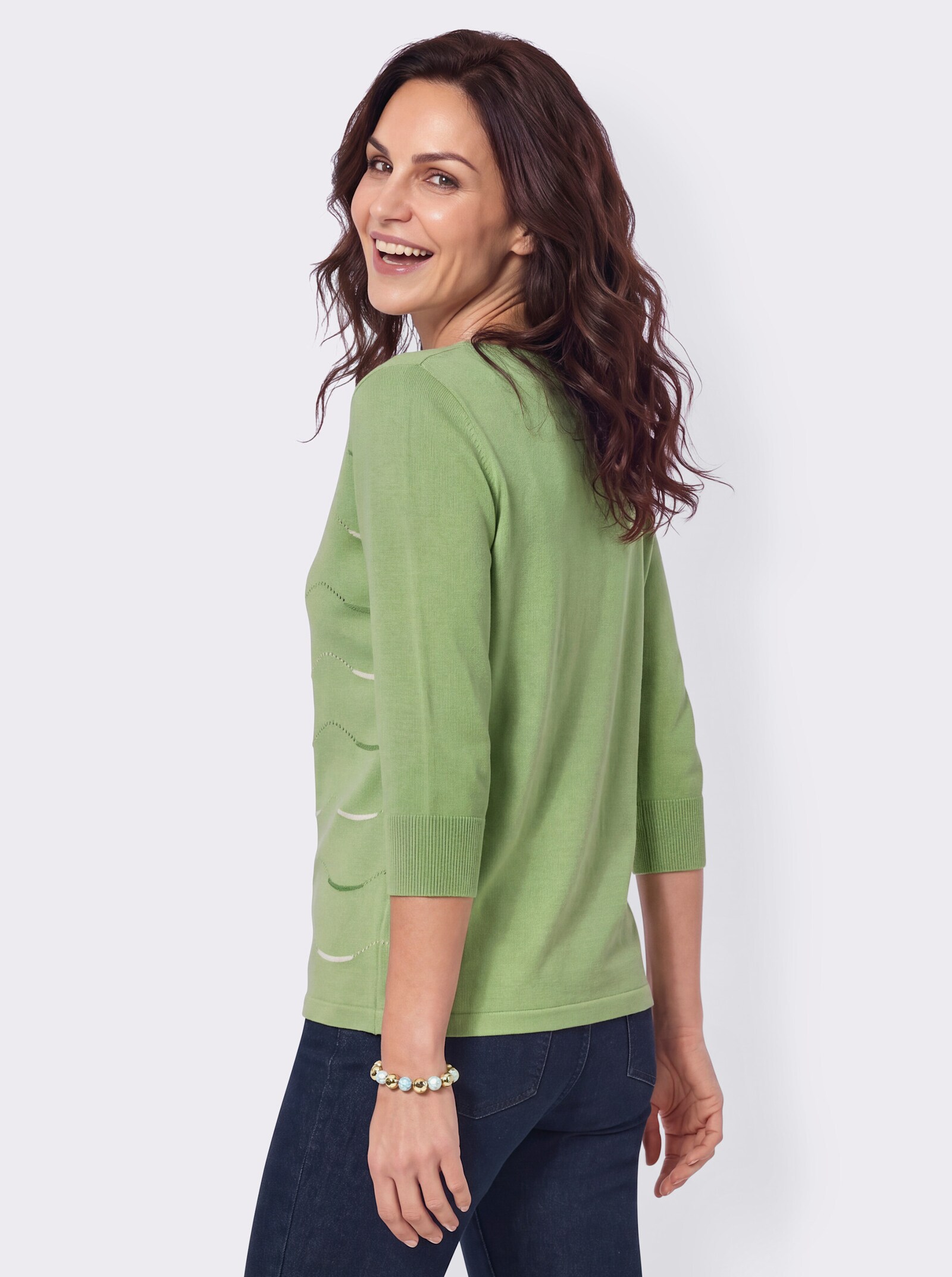 3/4-Arm-Pullover mit Wellenmuster - reseda-ecru