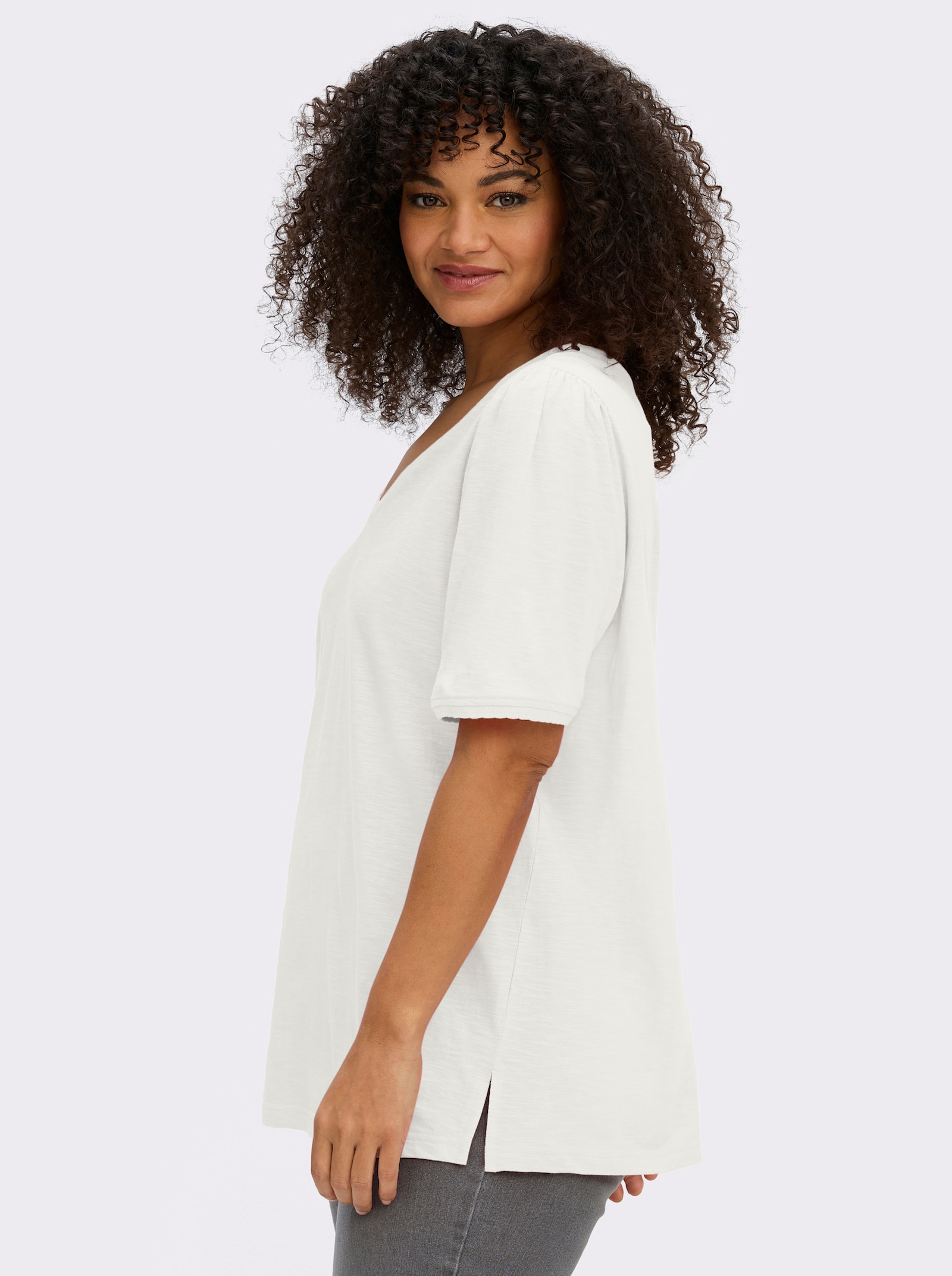 sheego V-Shirt in Flammgarn-Struktur - ecru