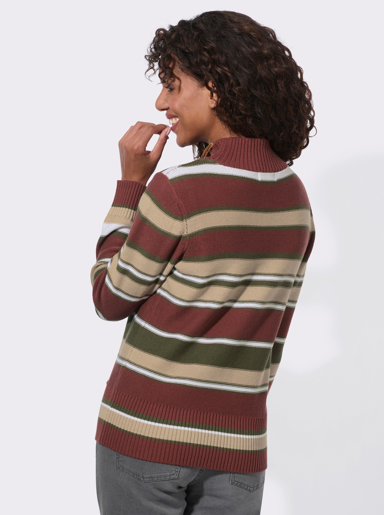 Stehkragenpullover mit Rippbündchen - rotbraun-oliv-geringelt