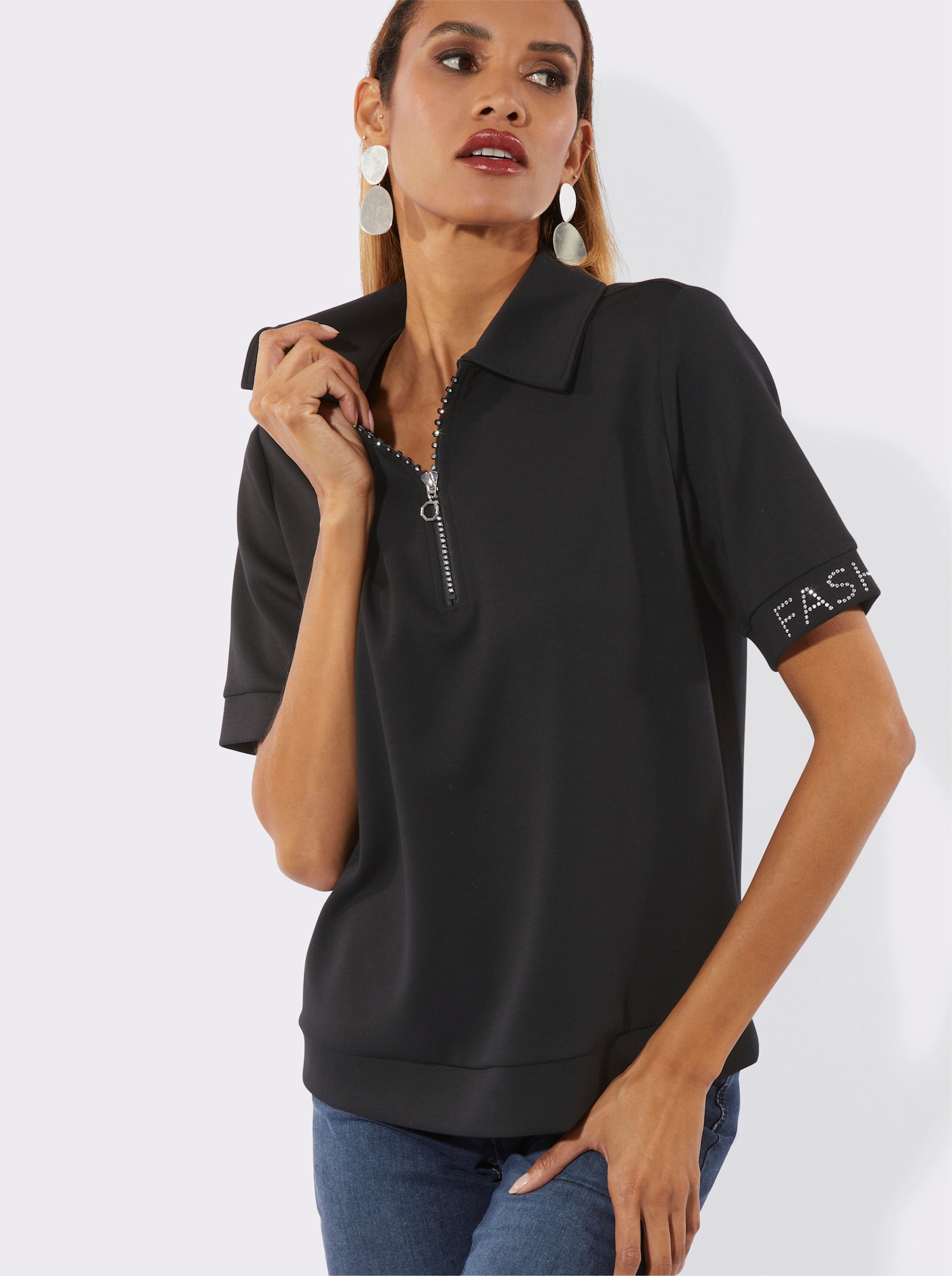 Poloshirt mit Glitzersteinchen - schwarz
