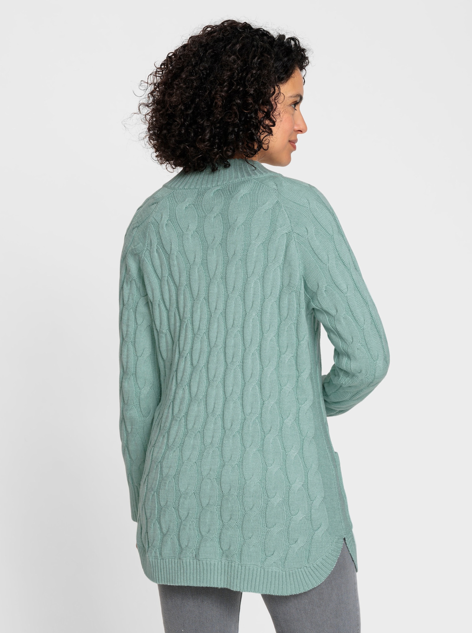 Longstrickjacke mit Zopf-Strickmuster - kalkmint