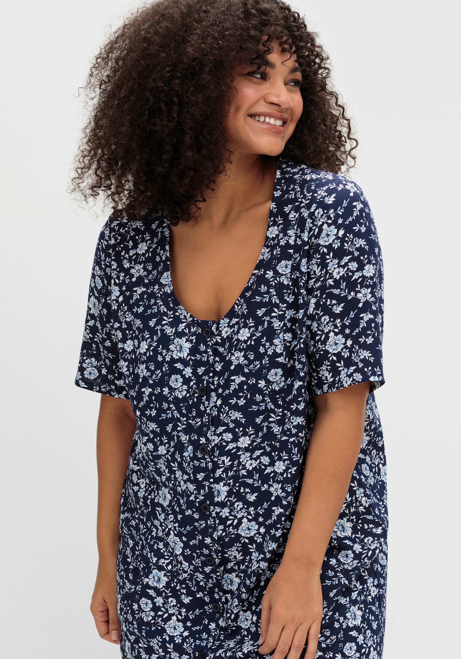 Druckkleid mit durchgehender Knopfleiste - marine-hellblau-bedruckt