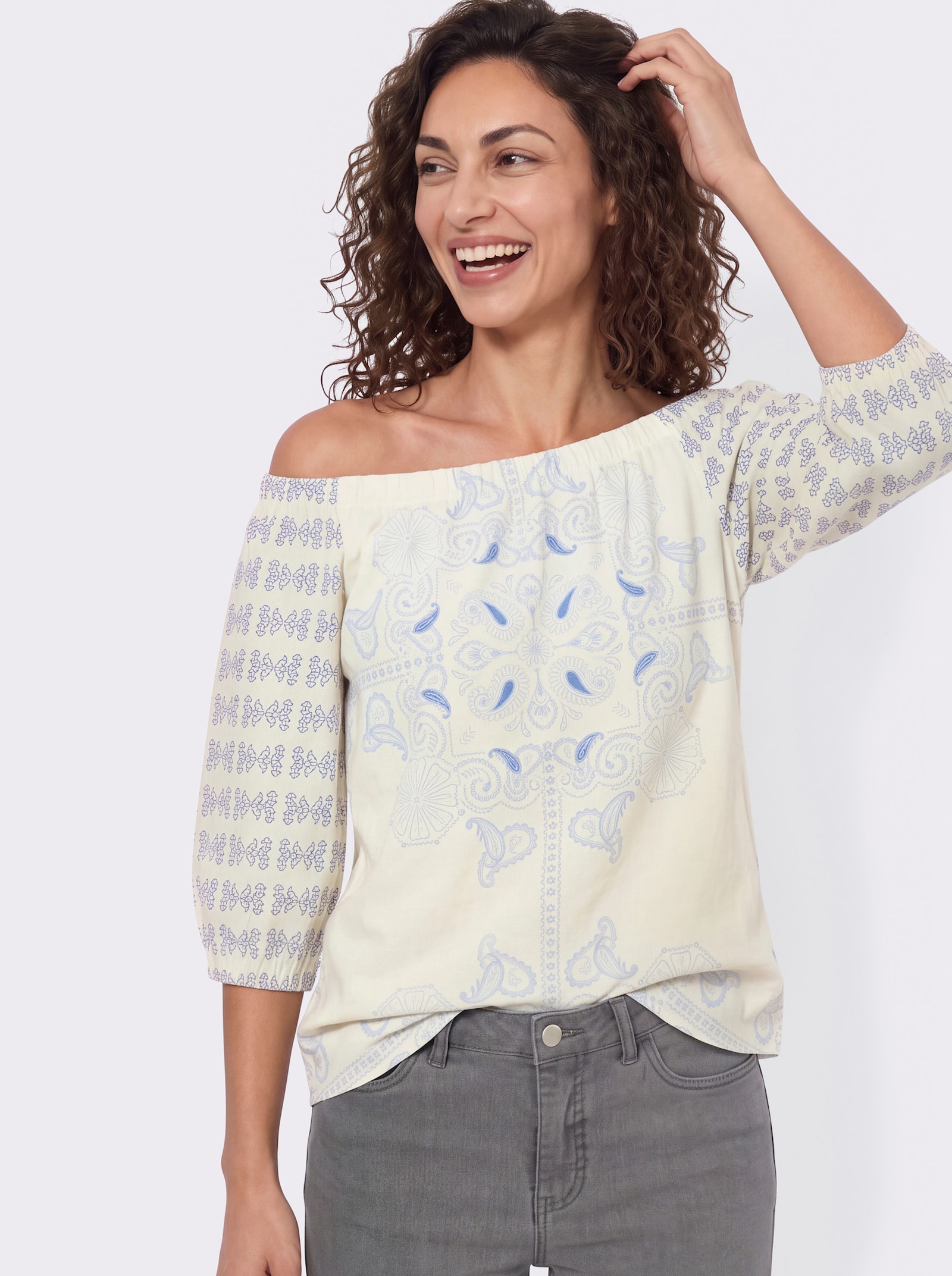 Print-Shirt mit Carmen-Ausschnitt - mittelblau-champagner-bedruckt