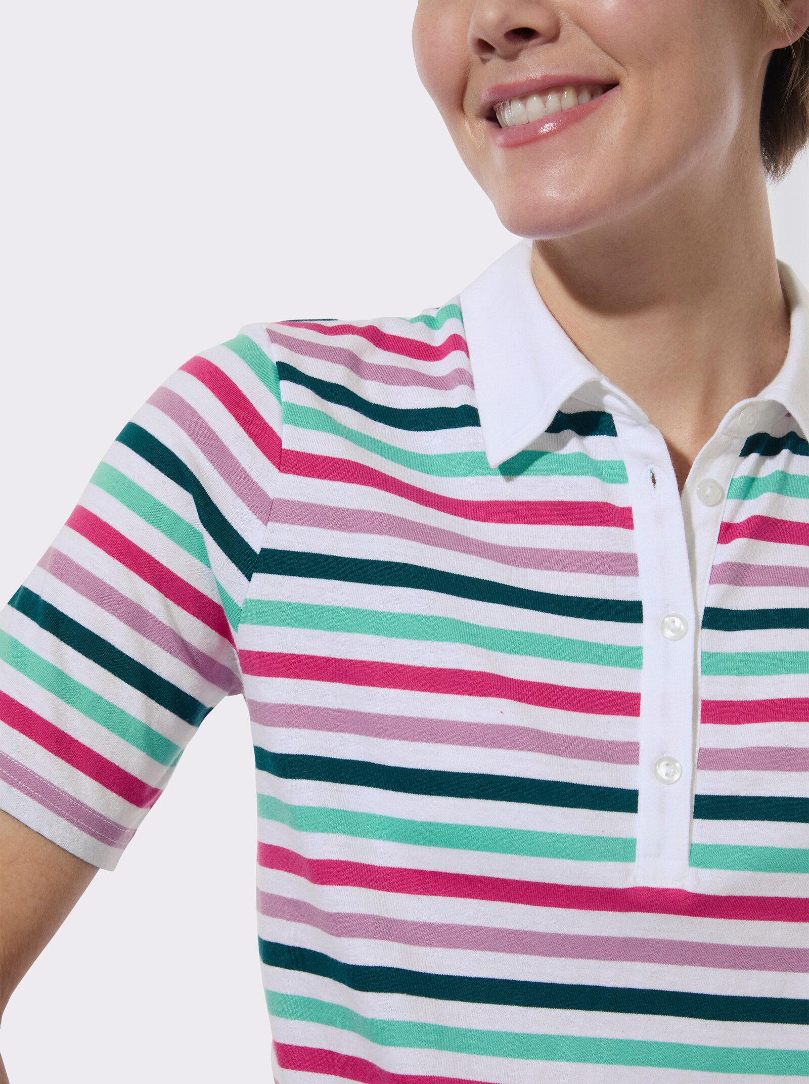 Poloshirt im garngefärbten Ringelmuster - weiß-fuchsia-geringelt