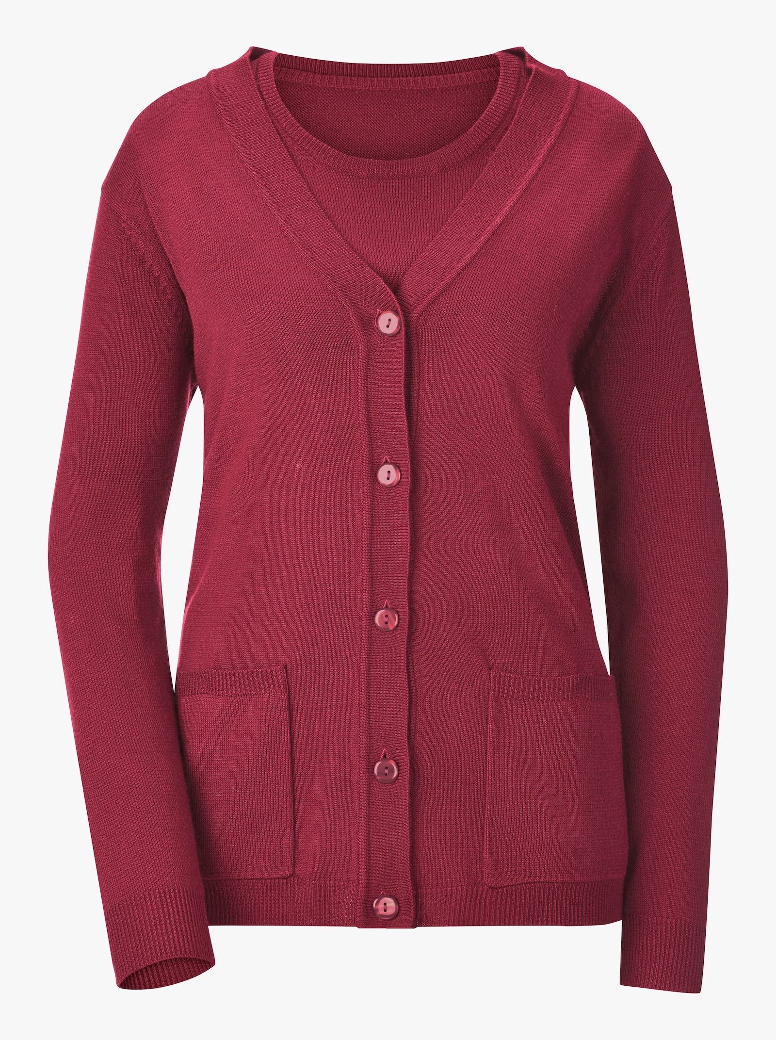 Twin-Set mit gerippten Abschlüssen - weinrot