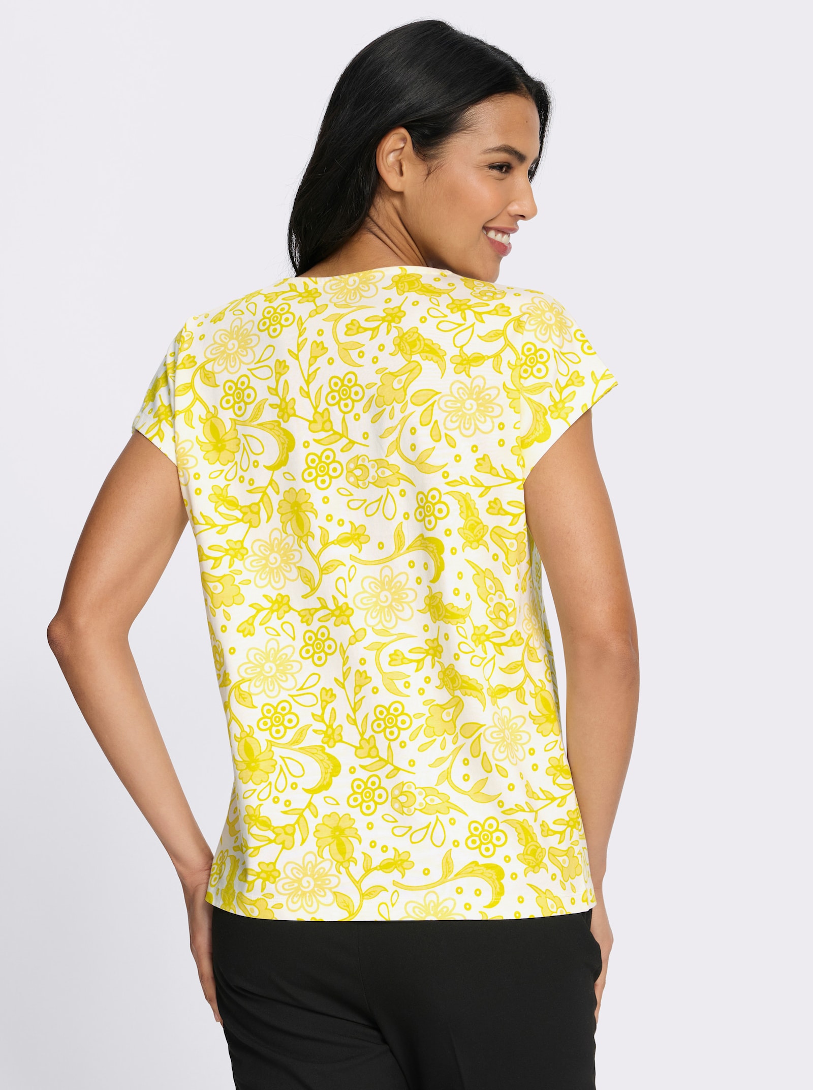 Kurzarmshirt im Paisley-Blüten-Mix - limone-zitrone-bedruckt