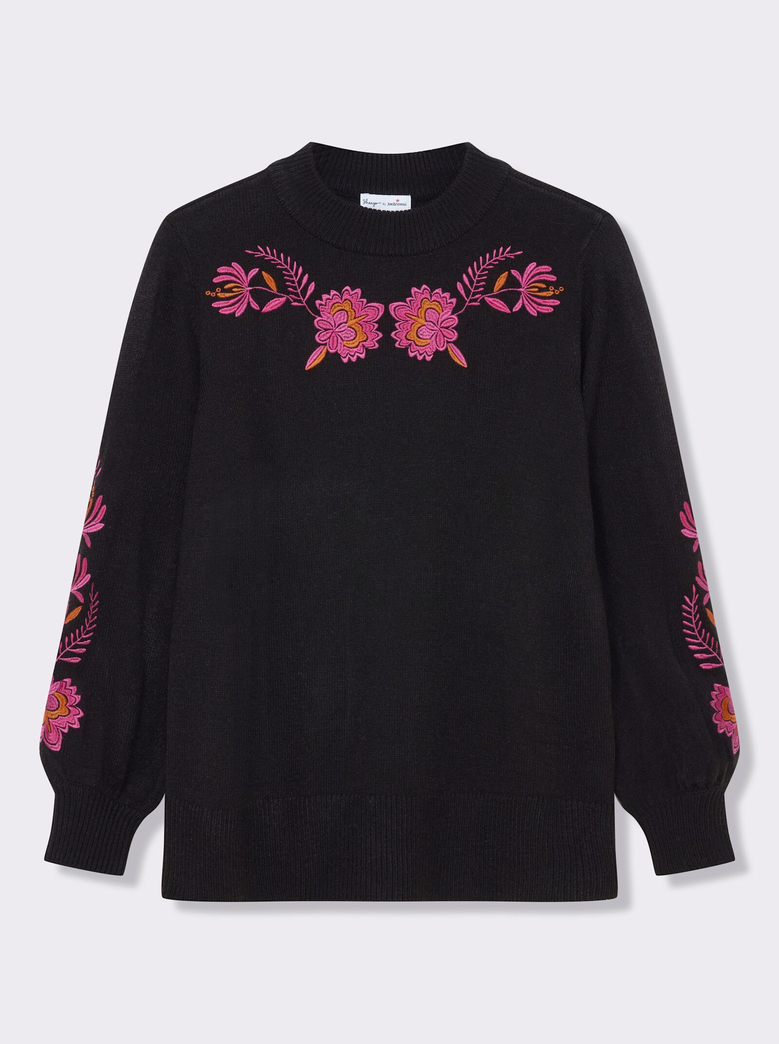 sheego by Joe Browns Pullover mit floralen Stickereien an Ärmeln und Kragen - schwarz-gemustert