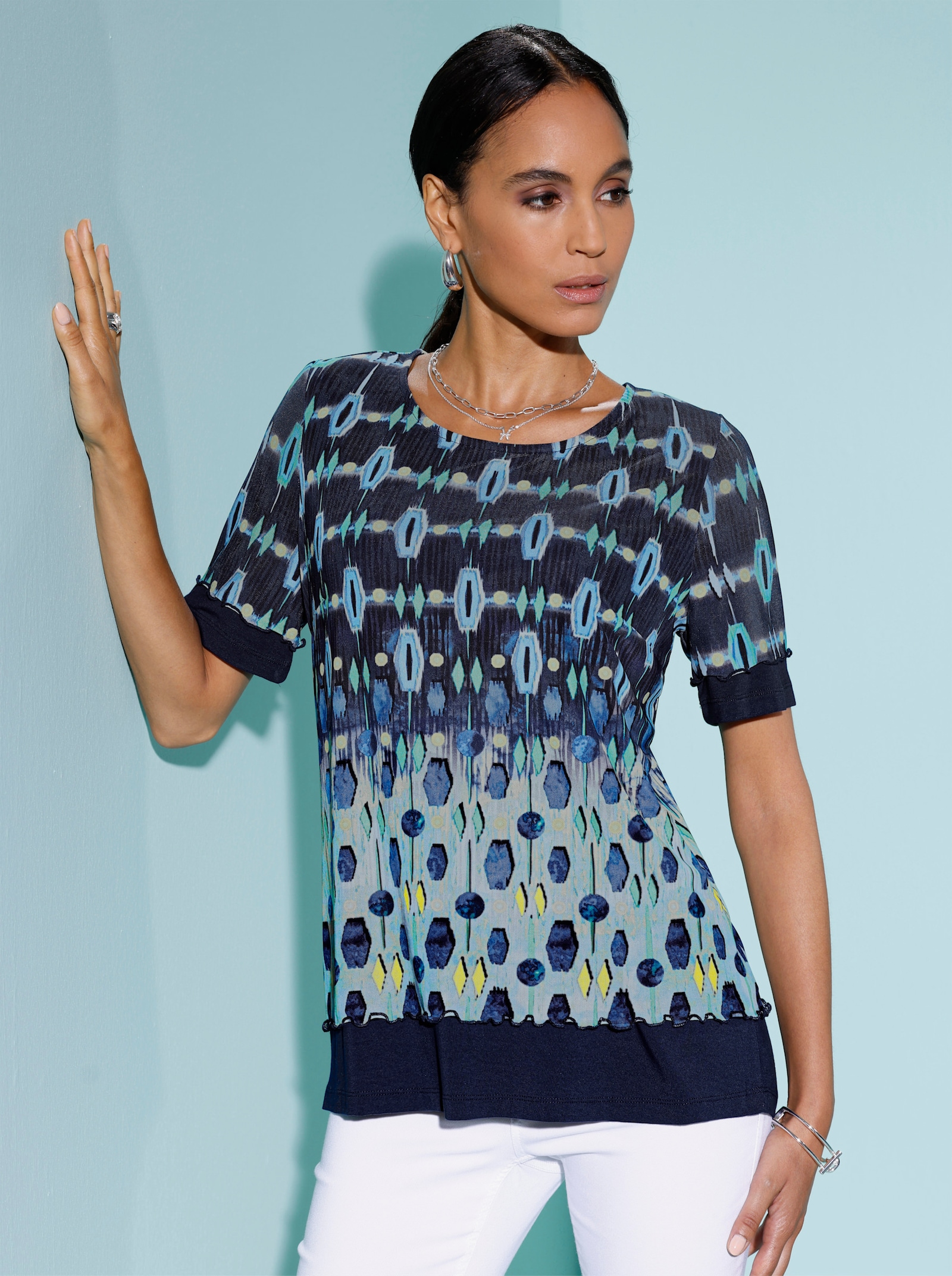 Rundhalsshirt im Lagenlook - marine-hellblau-bedruckt