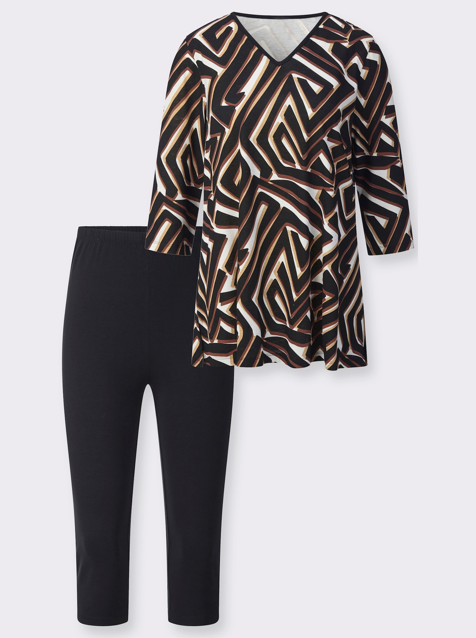 Capri-Schlafanzug in Single-Jersey-Qualität - schwarz-camel-bedruckt