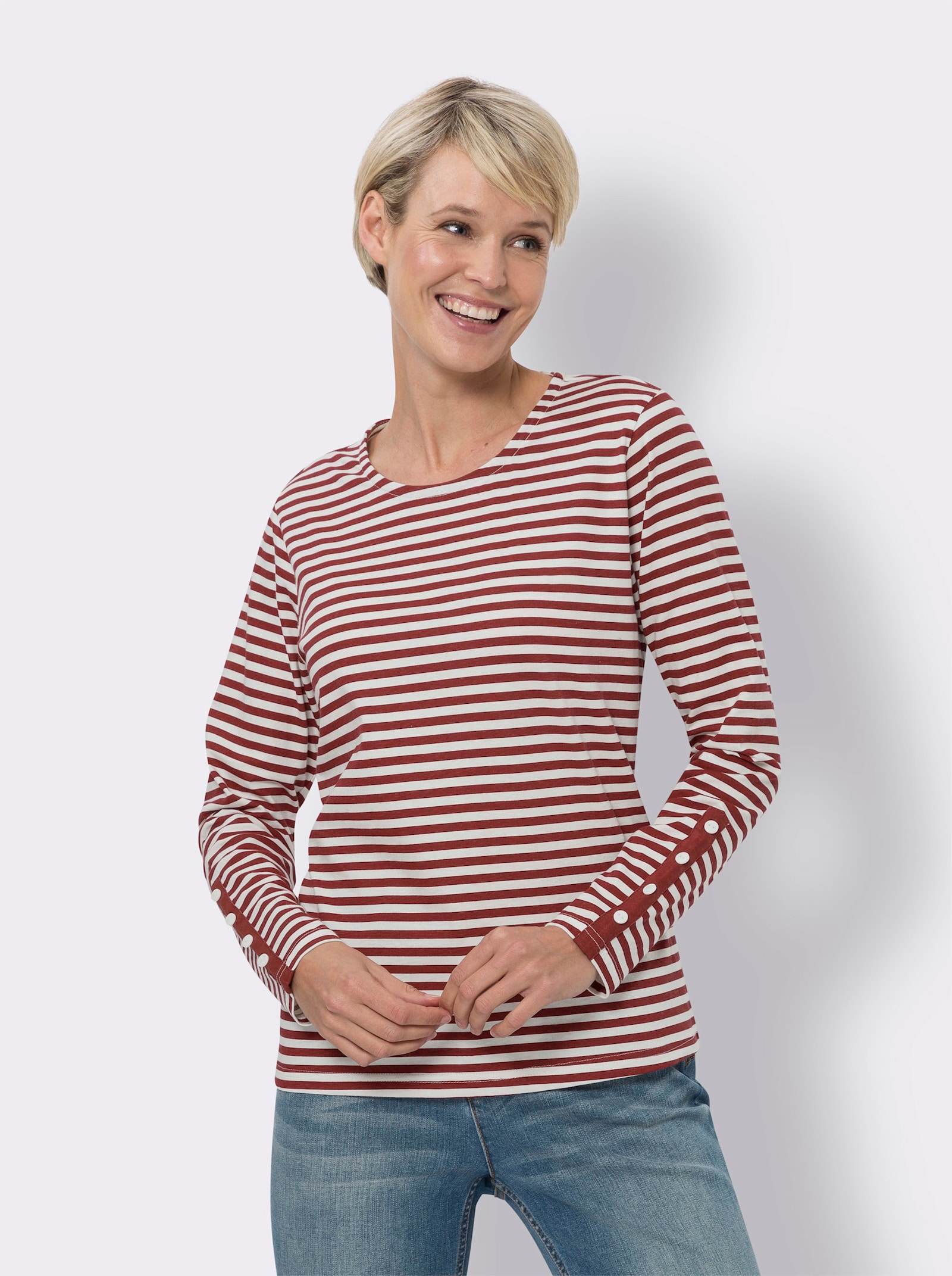 Gestreept shirt met sierknopen - kers/champagne gestreept