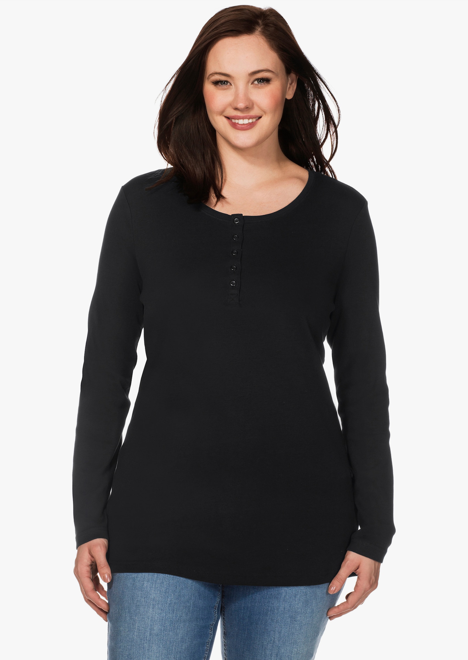 sheego Langarmshirt mit Knopfleiste, Rippqualität - schwarz