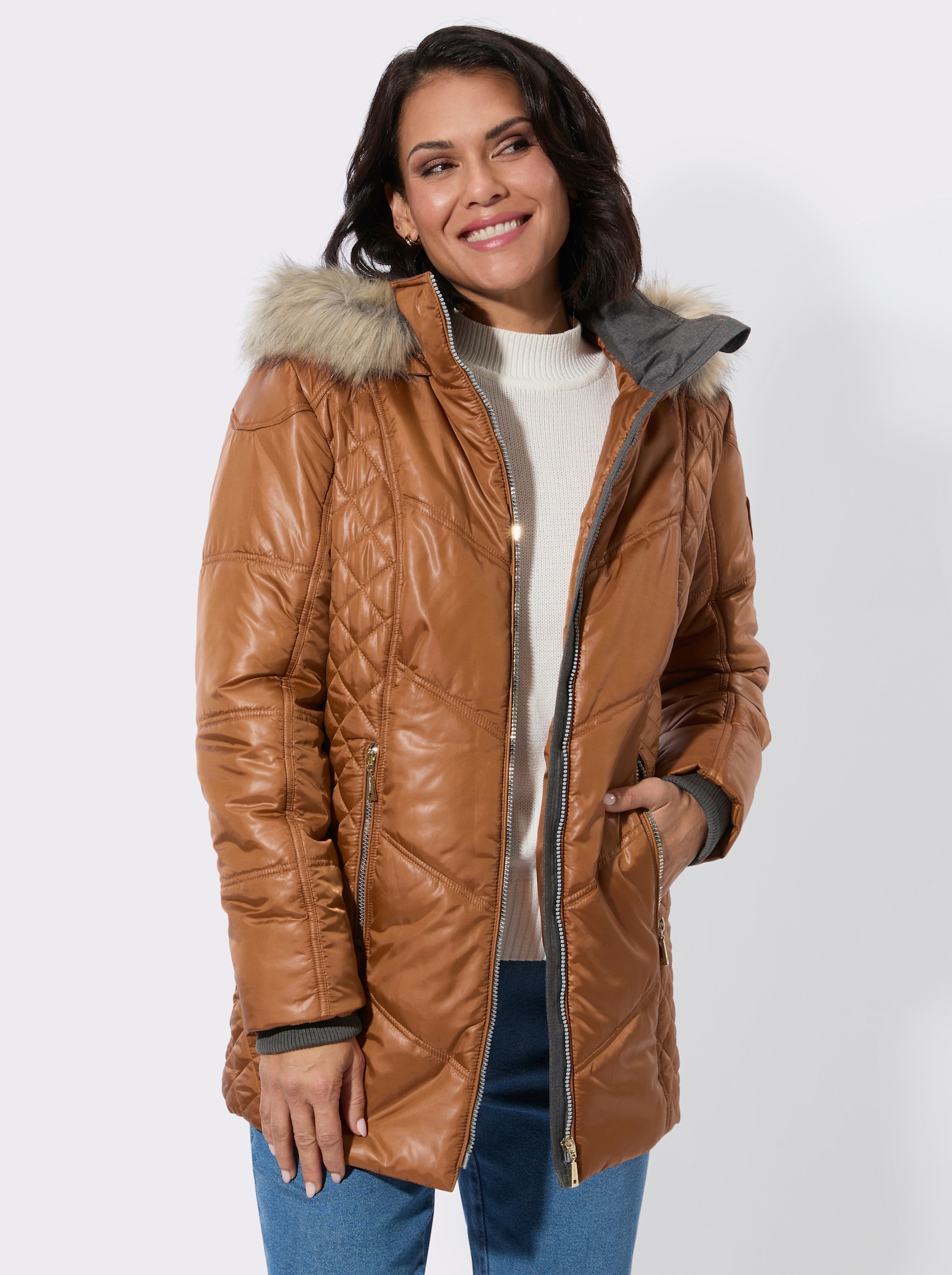 Steppjacke mit Kapuze mit Pelz-Imitat - cognac