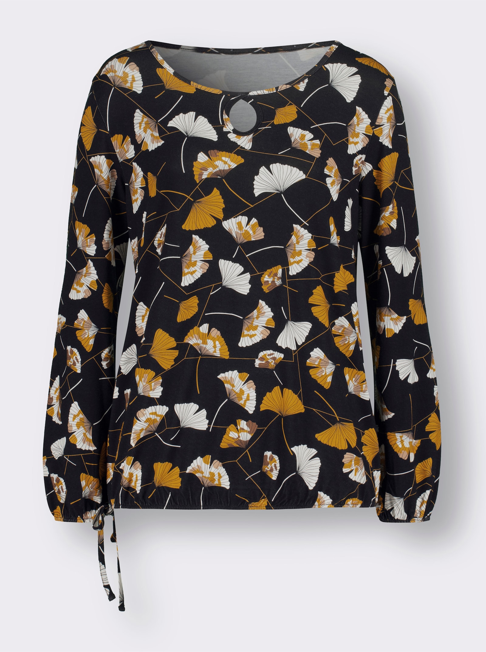 Langarmshirt mit Ginkgo-Dessin - schwarz-ocker-bedruckt