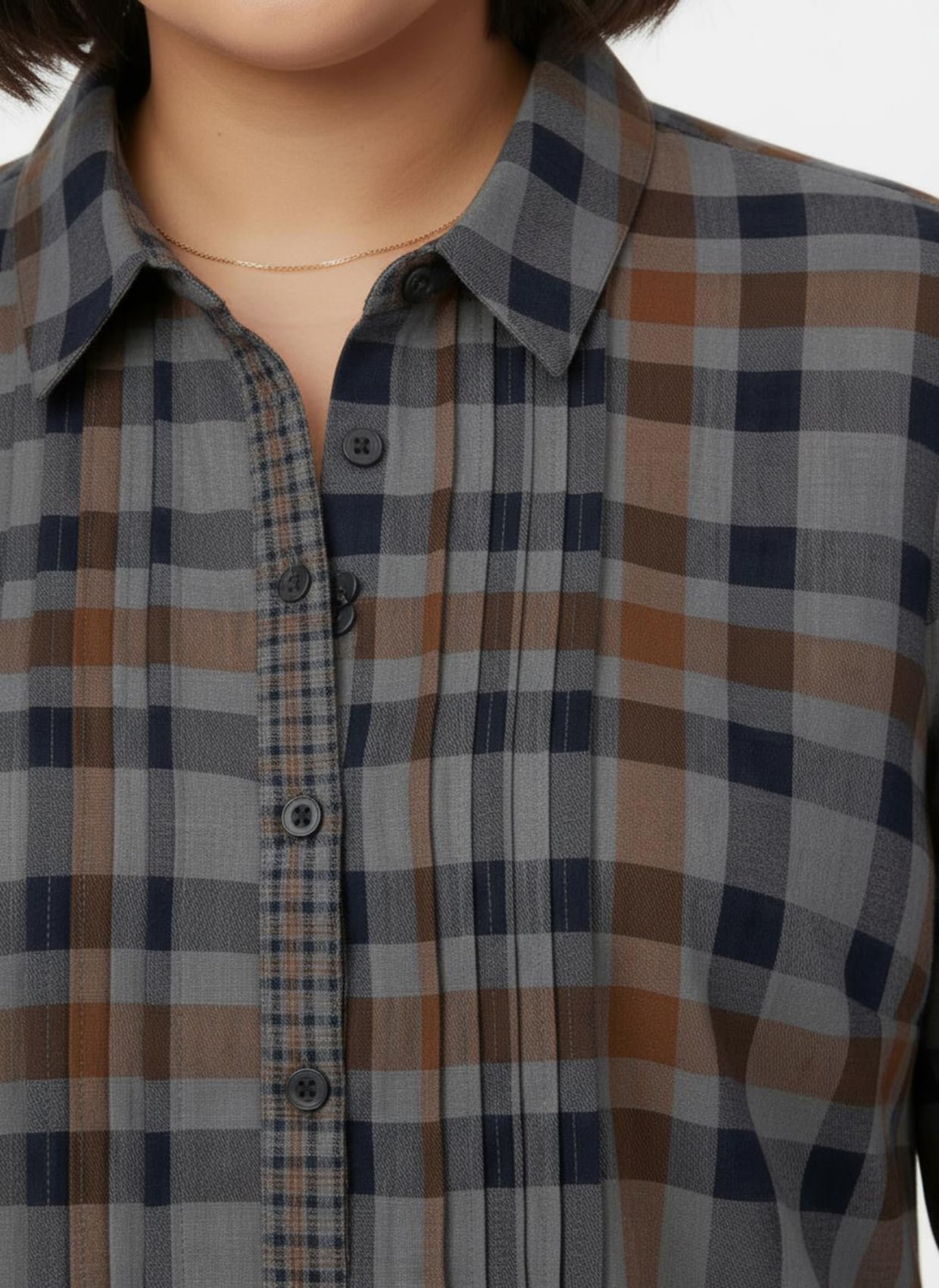 Langarmbluse mit Biesen, kariert - cognac-kariert