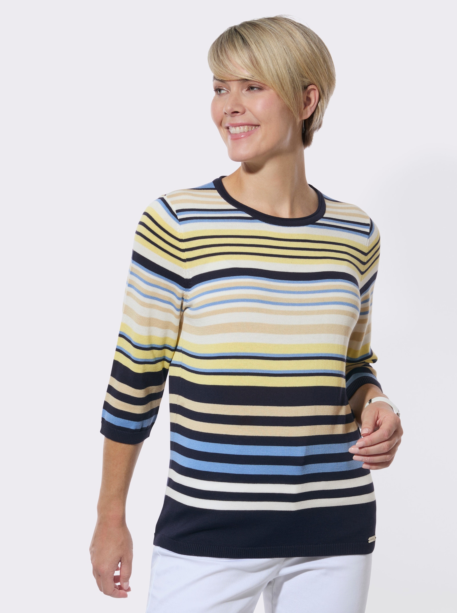 Rundhalspullover mit bunten Ringeln - zitrone-marine-geringelt