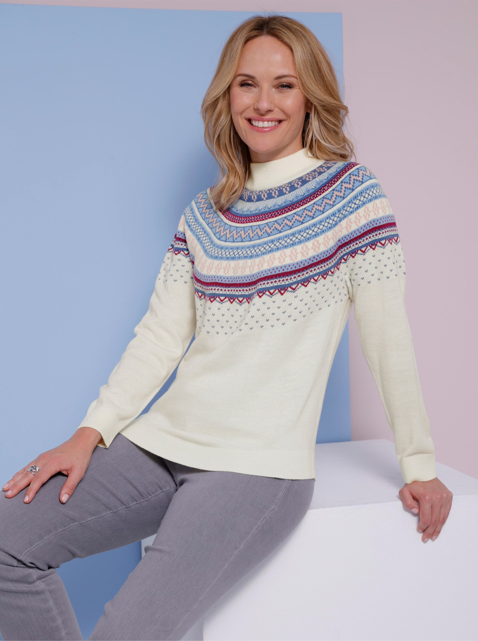 Norwegerpullover mit Stehkragen - champagner-malve-gemustert