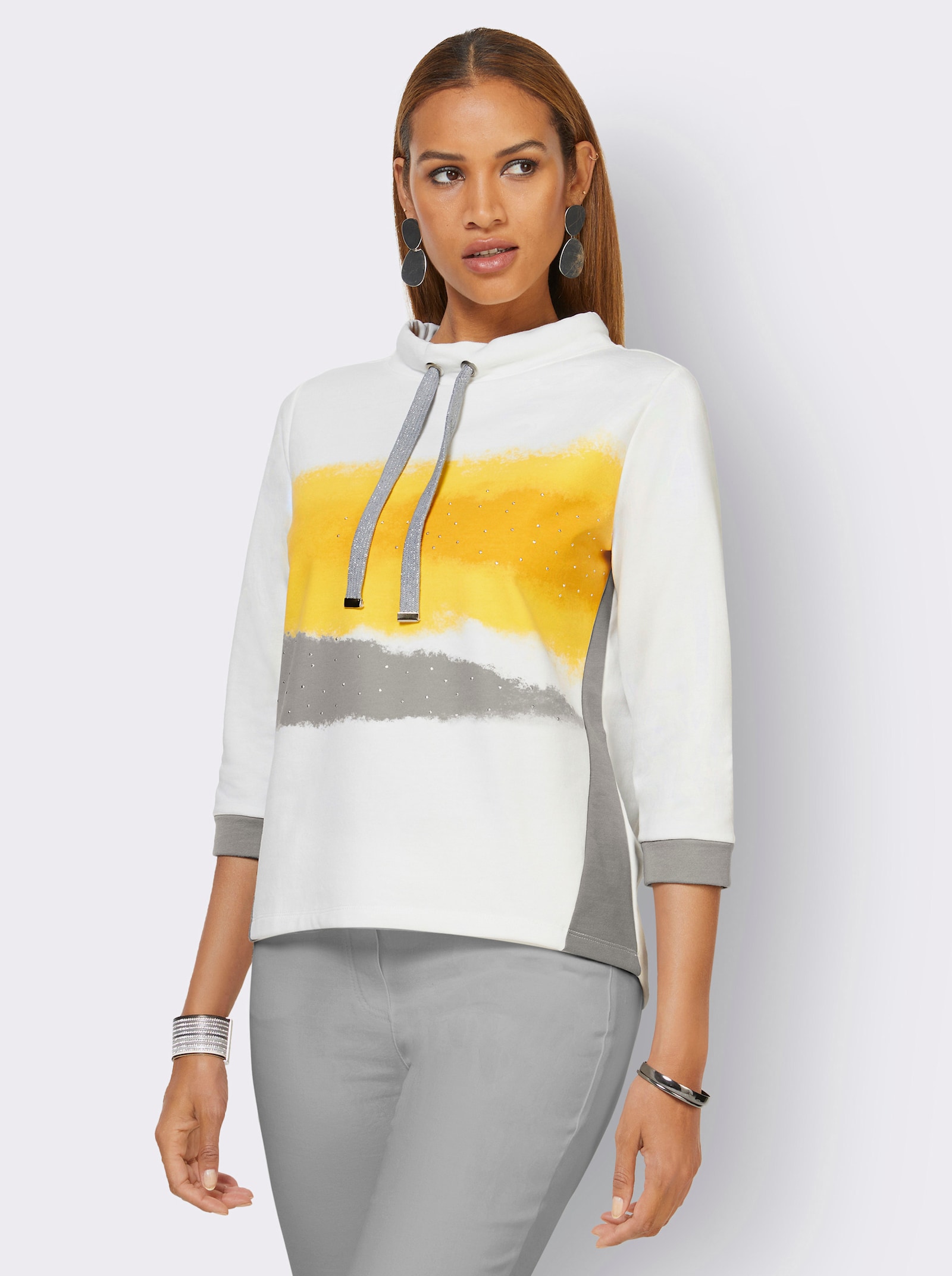 3/4-Arm-Shirt mit Glanz-Akzenten - weiß-steingrau-bedruckt